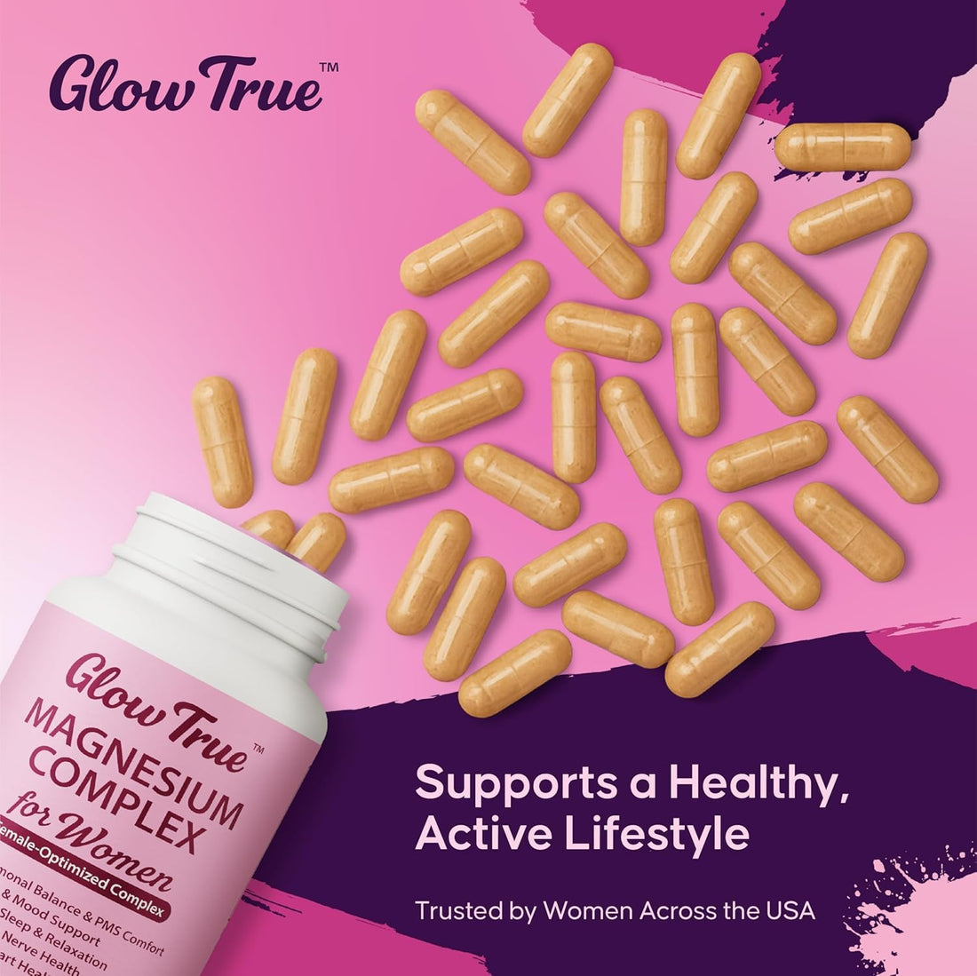 Glow True Magnesium Complex for Women supplement bottle with capsules on a white background