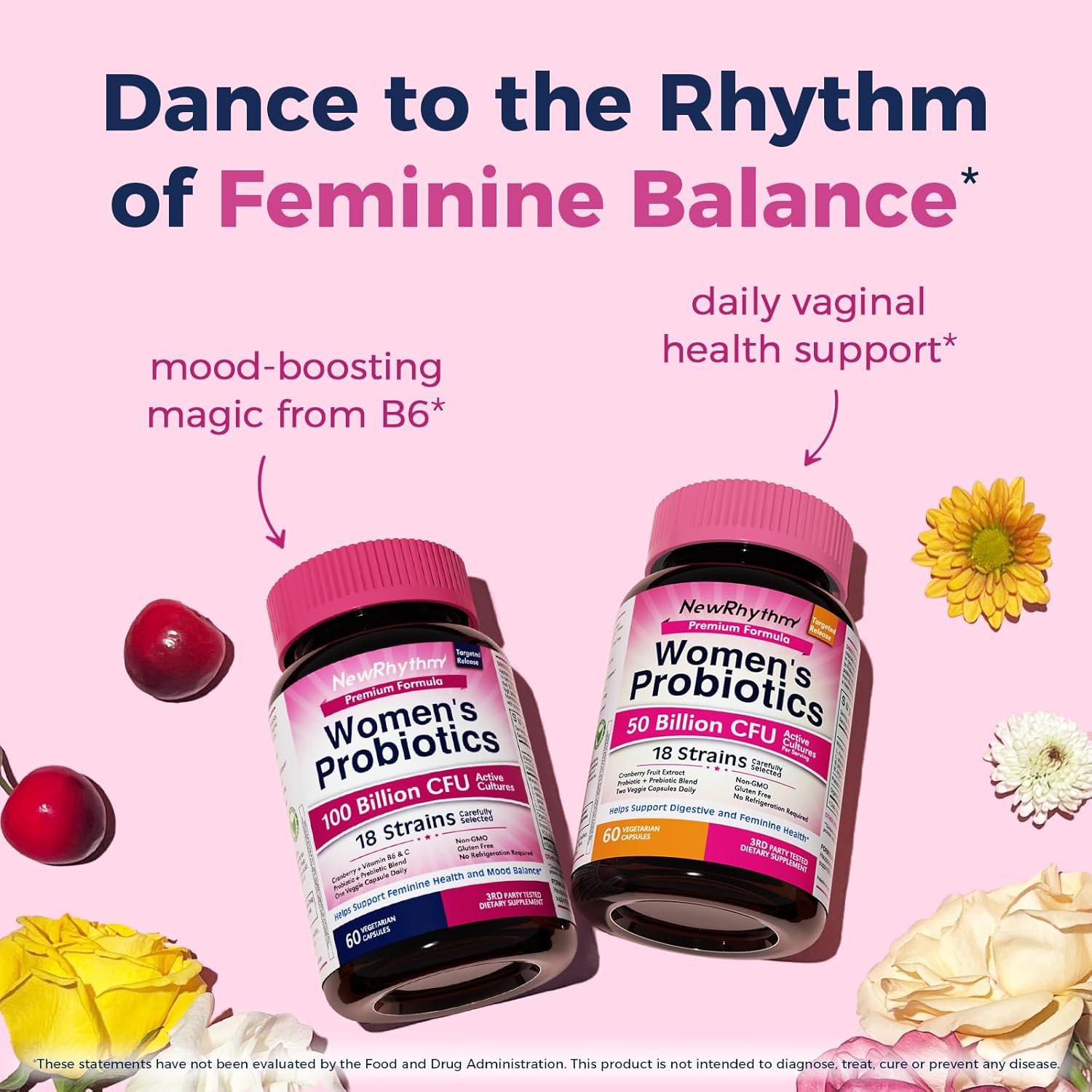 NewRhythm Probiotics for Women, P-5-P, Vitamin C & Organic Cranberry, 100 Billion CFU 18 Strains, Prebiotics & Vaginal Probiotics for Digestive Health & PH Balance, 60 Capsules, No Dairy
