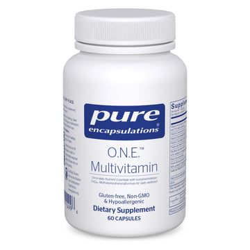 White supplement bottle labeled 'pure encapsulations O.N.E. Multivitamin' on a white background
