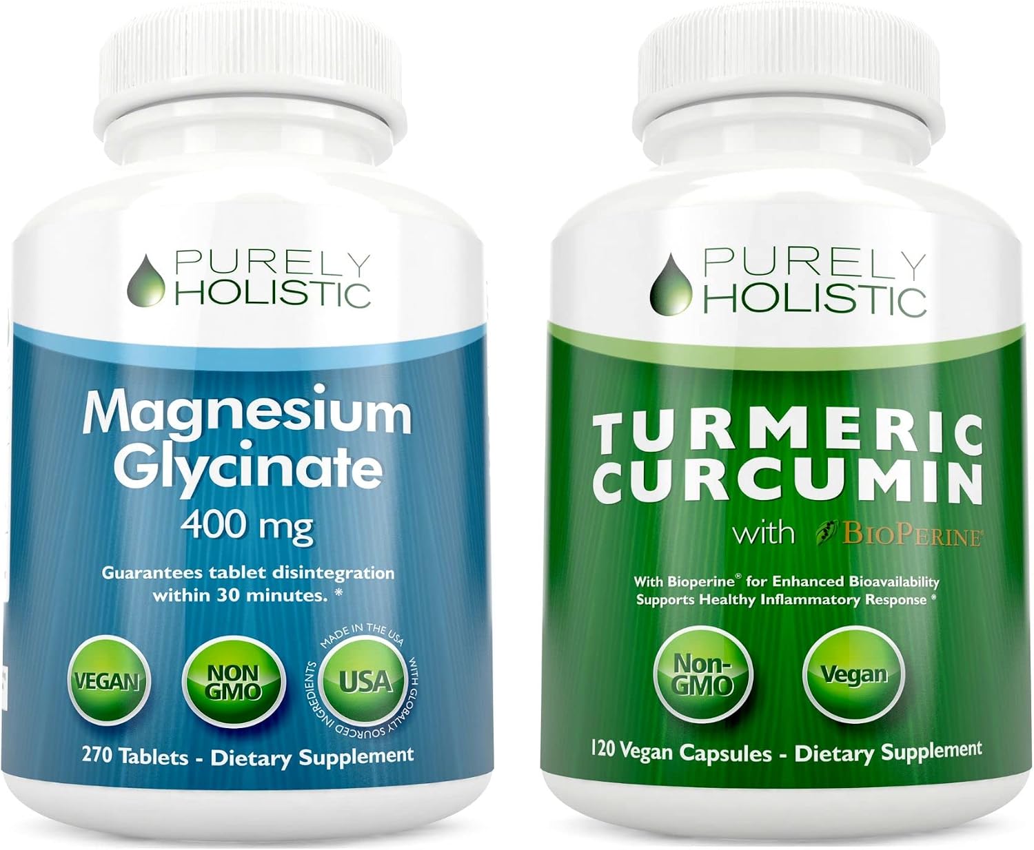 Magnesium Glycinate 400mg + Organic Turmeric Curcumin 700mg with Bioperine Providing 95% Curcuminoids - 270 Tablets & 120 Capsules - Vegan Bundle
