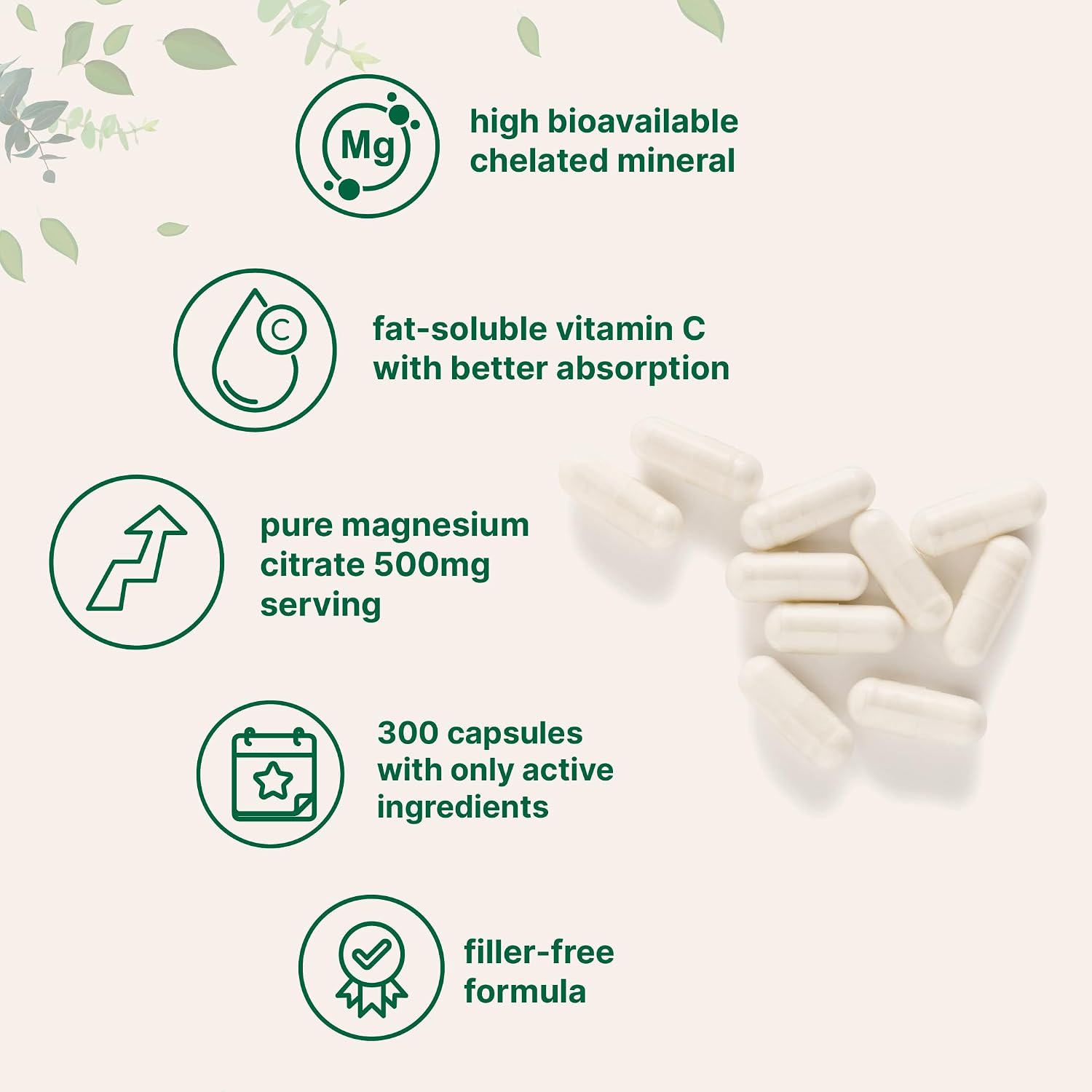 Pure Magnesium Citrate Supplements 500mg, 300 Capsules | Fat-Soluble Vitamin C Added | 100% Chelated | Only Active Ingredients