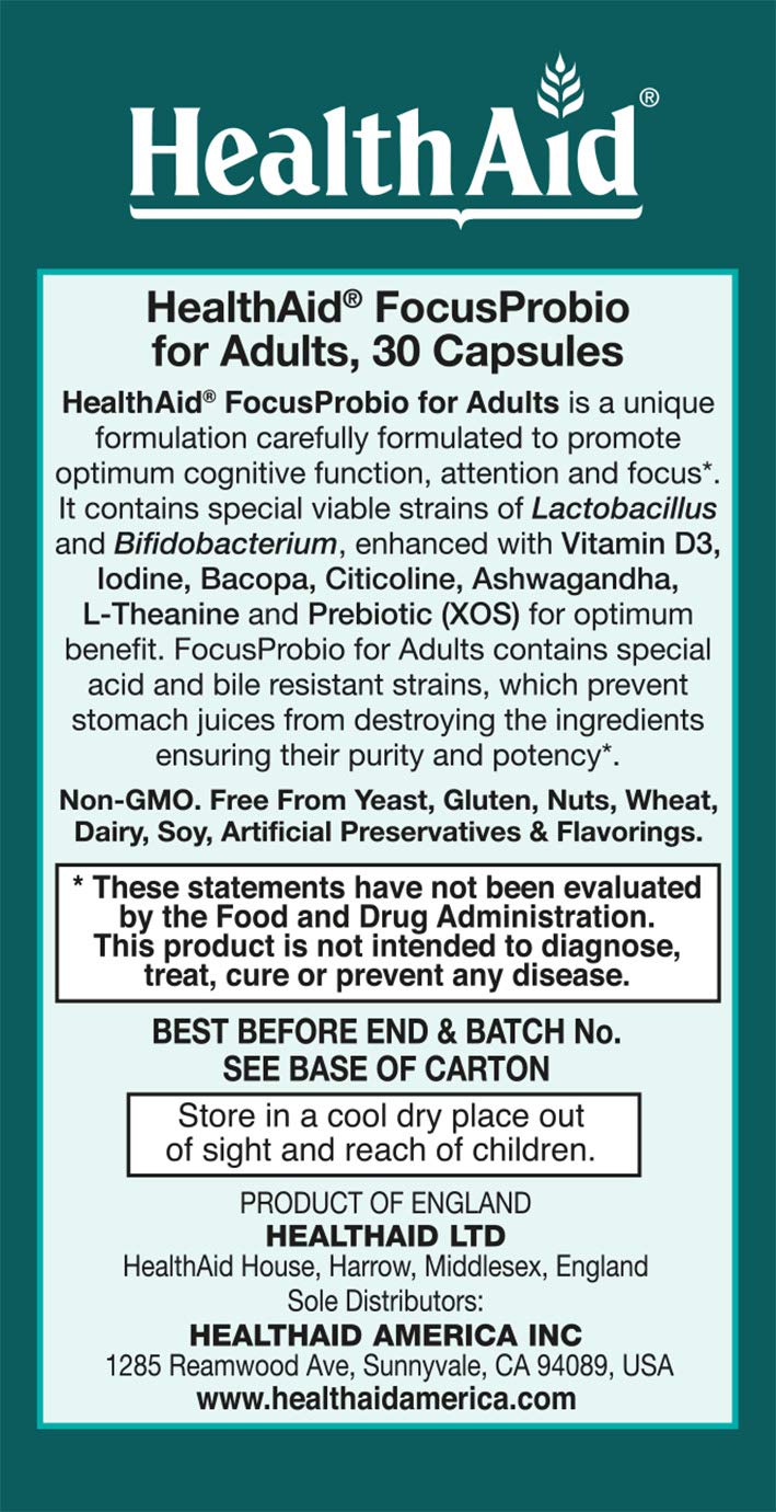 HealthAid FocusProbio for Adults dietary supplement box on a white background