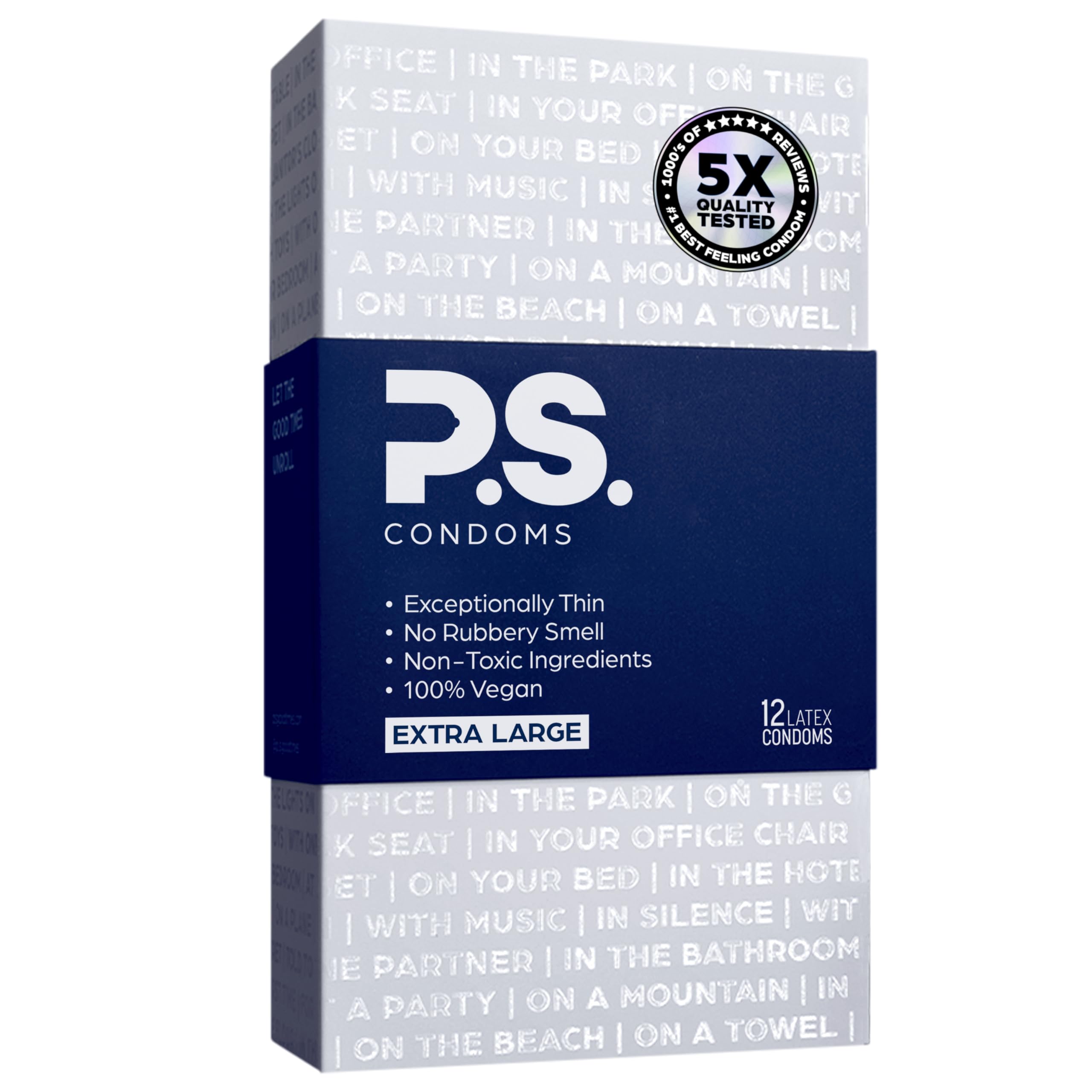 PS Condoms Exceptionally Thin Latex Condoms, Clean & Odorless, 12 Pack | Individually tested, 0.045 mm natural rubber, 40% thinner, lubricated, vegan, and free of PFAS, gluten, glycerin and parabens