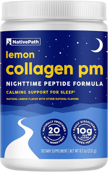 NativePath Collagen PM Lemon with Melatonin, 20 Servings | 10g Grass-Fed Peptides, Magnesium, GABA & L-Theanine, Supports Restful Sleep, Skin & Hair, No Added Sugar