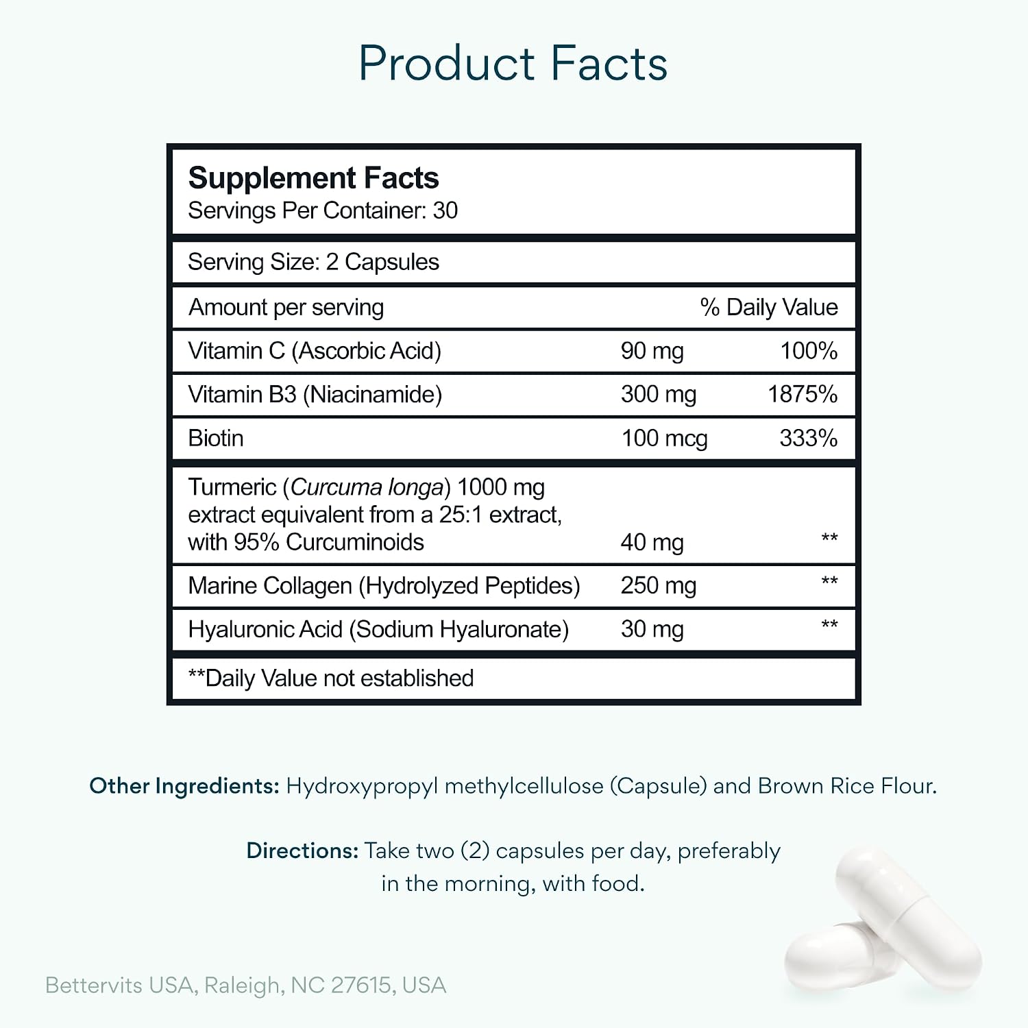 Bettervits Niacinamide Supplement with Vitamin B3, Marine Collagen & Hyaluronic Acid | High-Strength Vitamin B3 Capsules 300 mg. with Turmeric for Energy Metabolism & Skin Support - 60 Capsules