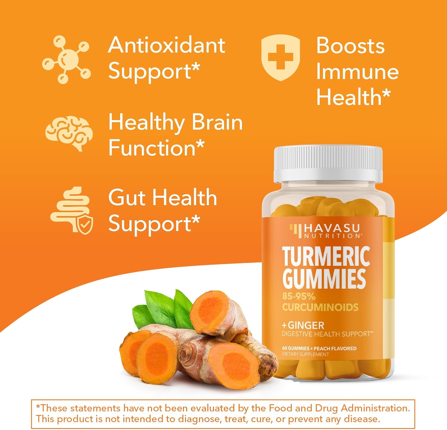 Turmeric Gummies, Peach, 60ct, Digestive & Immune Support for Wellness | Turmeric Gummies with Ginger Root Extract, Digestive Health & Immune Support for Overall Wellness, 1 Month Supply