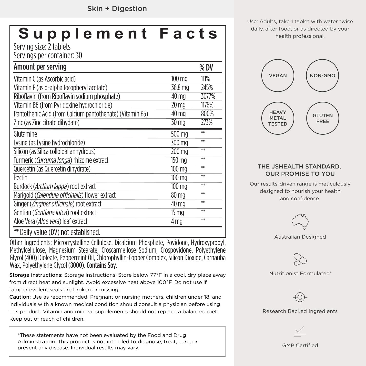 JSHealth Skin & Digestion Formula Supports Healthy Skin & Digestive Comfort | Clear Skin Supplement with Zinc, Burdock, Turmeric. Supports Healthy Skin and Digestive Comfort. Vegan (60 Tablets)