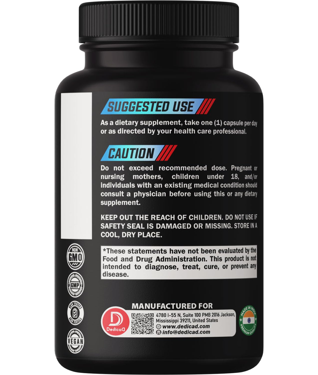 Black bottle of Dedicac Wormwood supplement with text on a white background
