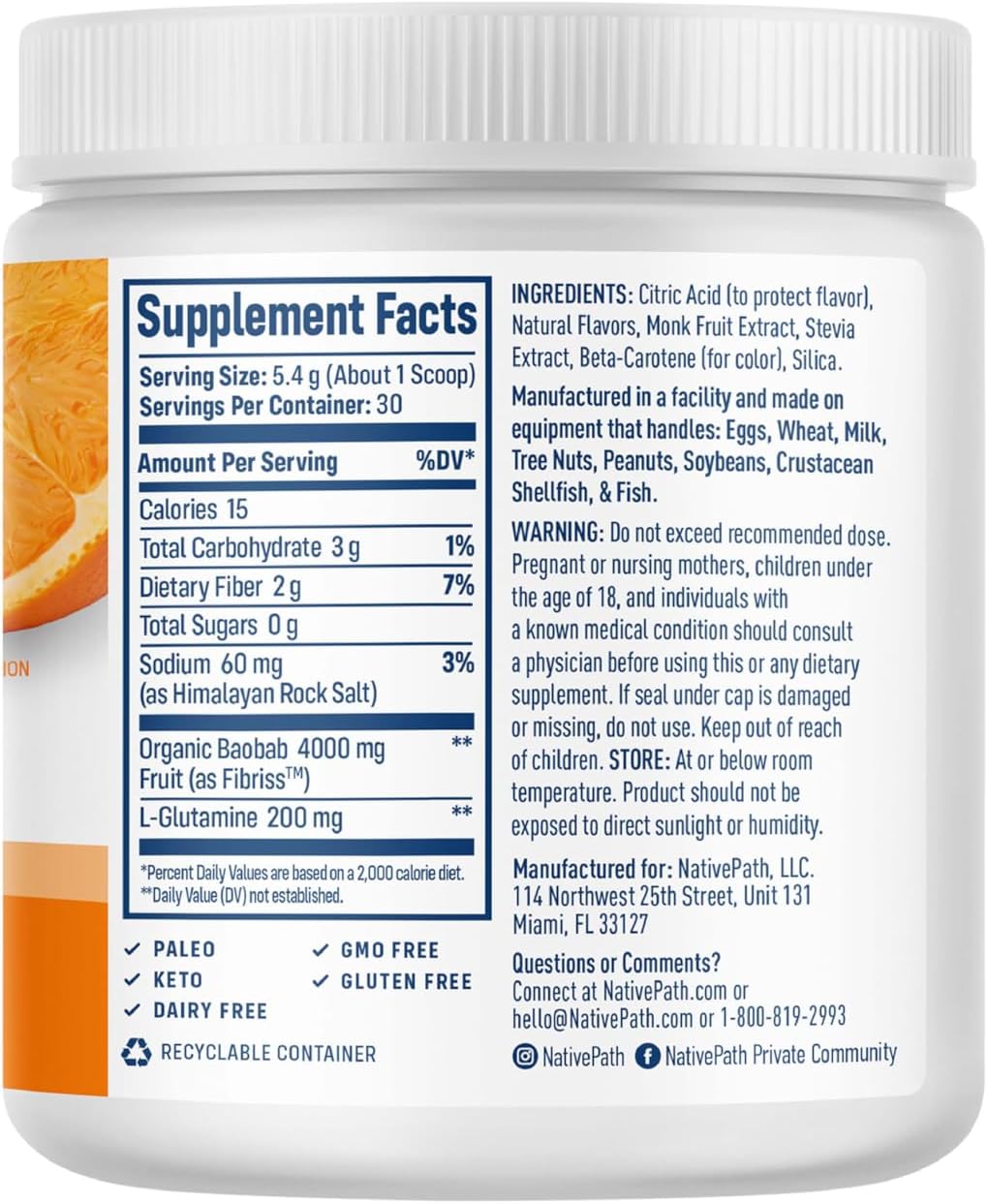NativePath Baobab Prebiotic Fiber, Orange, Sugar-Free, 30 Servings | Organic Soluble Source, L-Glutamine, Supports Digestion, Regularity, Gut Health & Microbiome, Keto