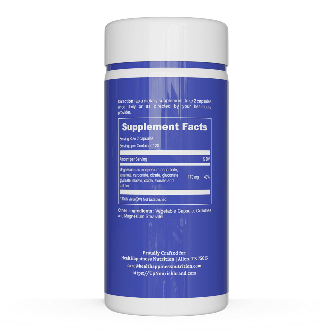 Supplement container labeled 'Upnourish 10 in 1 Magnesium Complex' on a white background