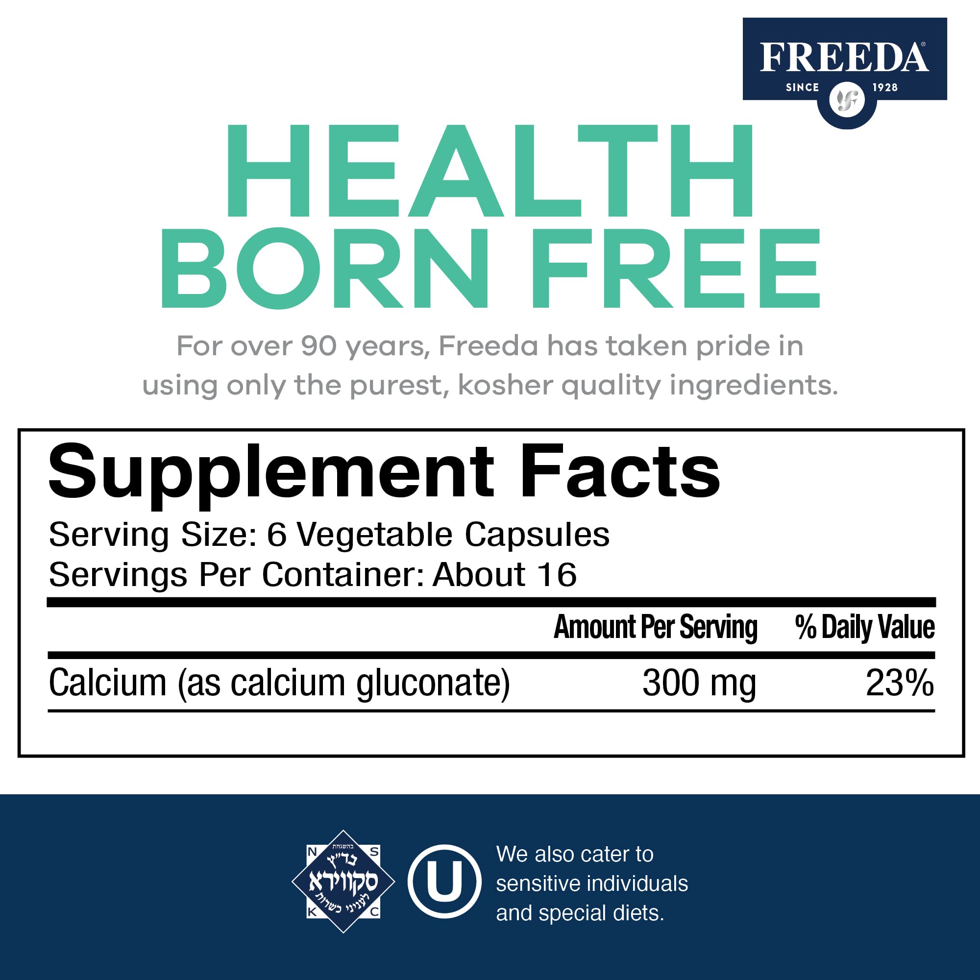 FREEDA Calcium Gluconate Supplement for Bone & Joint Support – 100 Capsules | Supports Teeth & Muscle Health – Pure Calcium w/o Vitamin D – Gentle on Stomach, Easy-to-Digest, Kosher, Vegan, Made in USA