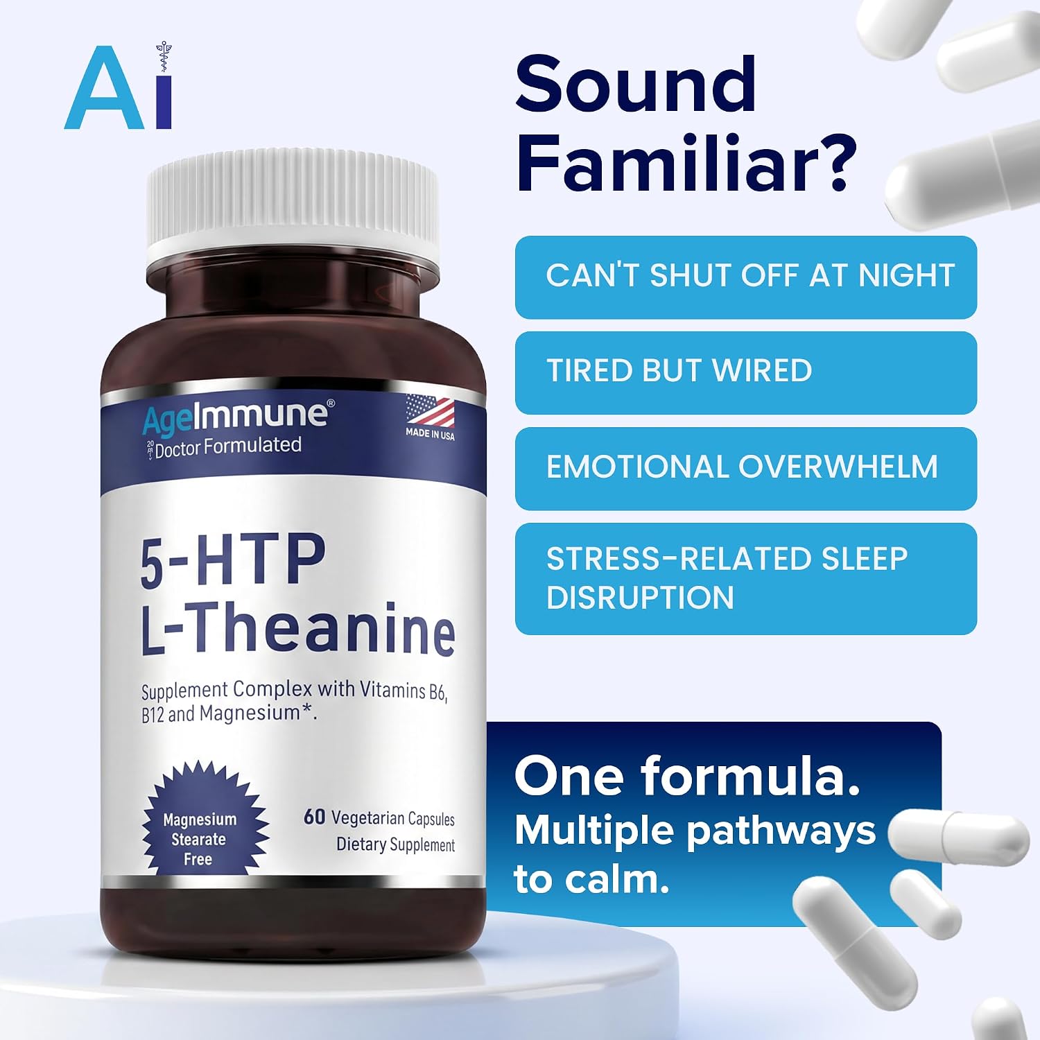 5-HTP 100mg with L-Theanine 400 mg Formula for Stress Relief and Relaxation Support for Teens and Adults with Vitamins B6 - B12 and Magnesium Bisglycinate - Doctor Formulated – without stearates.