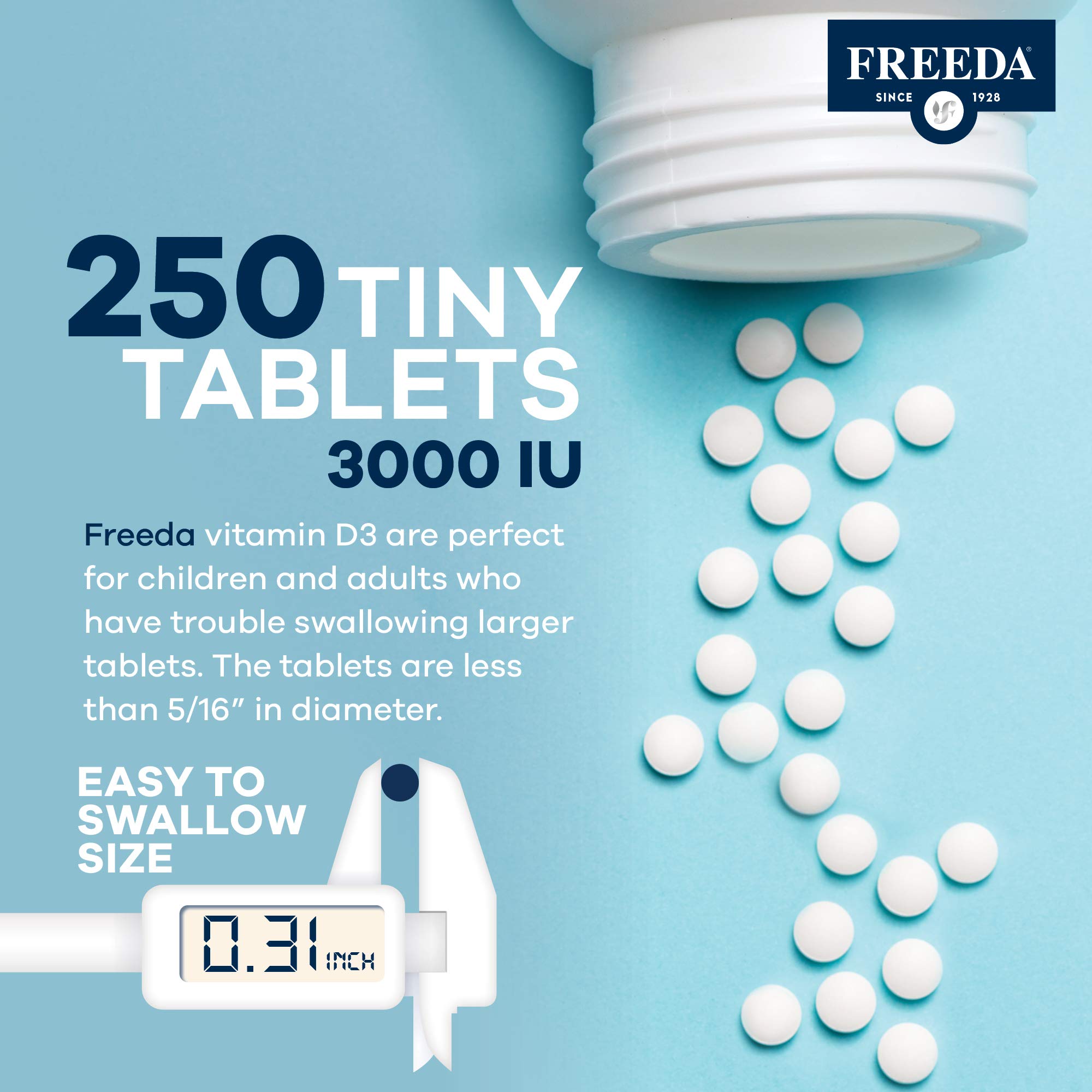FREEDA Vitamin D3-3000 IU - Pure High Potency Kosher Supplement Tablets - Bone and Muscle Health, Calcium Absorption, Immune Support for Men and Women* - 100 Tiny Tablets | Supports Bone, Muscle & Immune Health – Helps Calcium Absorption – Easy-to-Swallow
