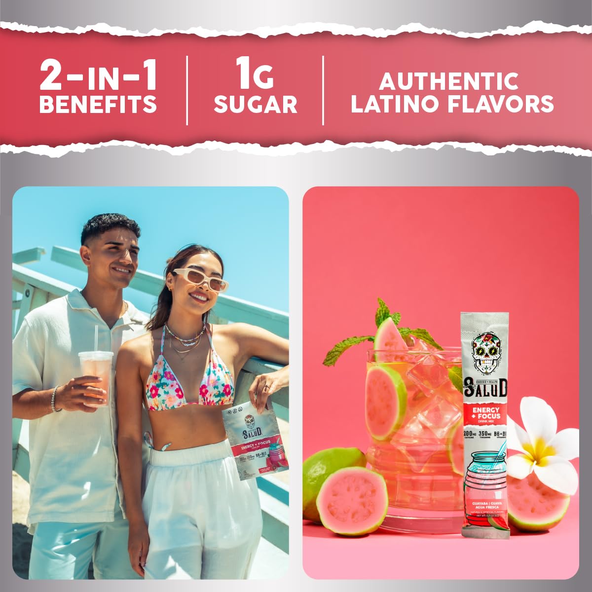 Salud 2-Pack |2-in-1 Energy + Focus (Guava) & Energy + Focus (Strawberry Margarita) – 15 Servings Each, Agua Fresca Drink Mix, Non-GMO, Gluten Free, Vegan, Low Calorie, 1g of Sugar