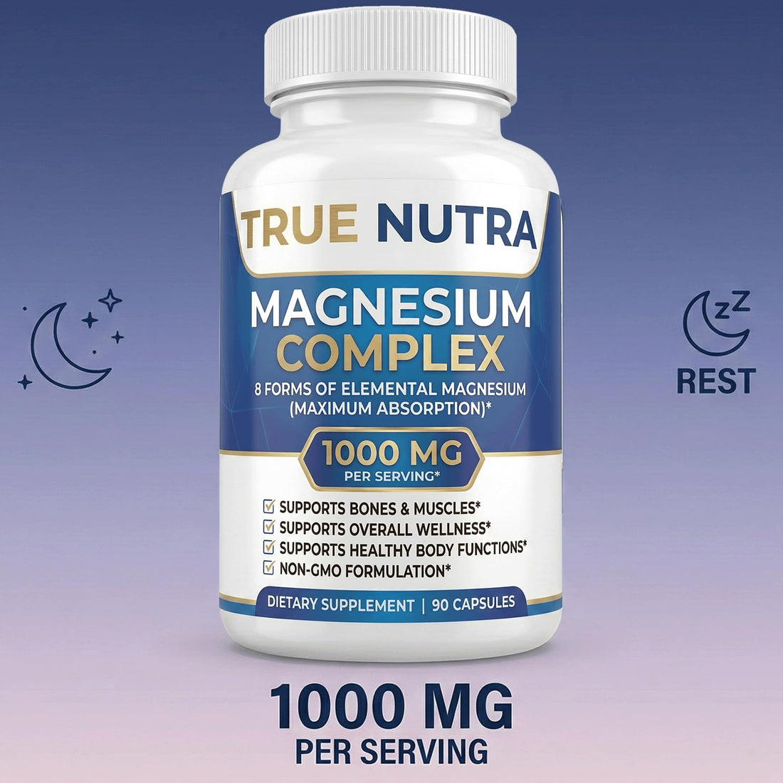 True Nutra Magnesium Complex supplement bottle with avocado, nuts, and chocolate on a white background