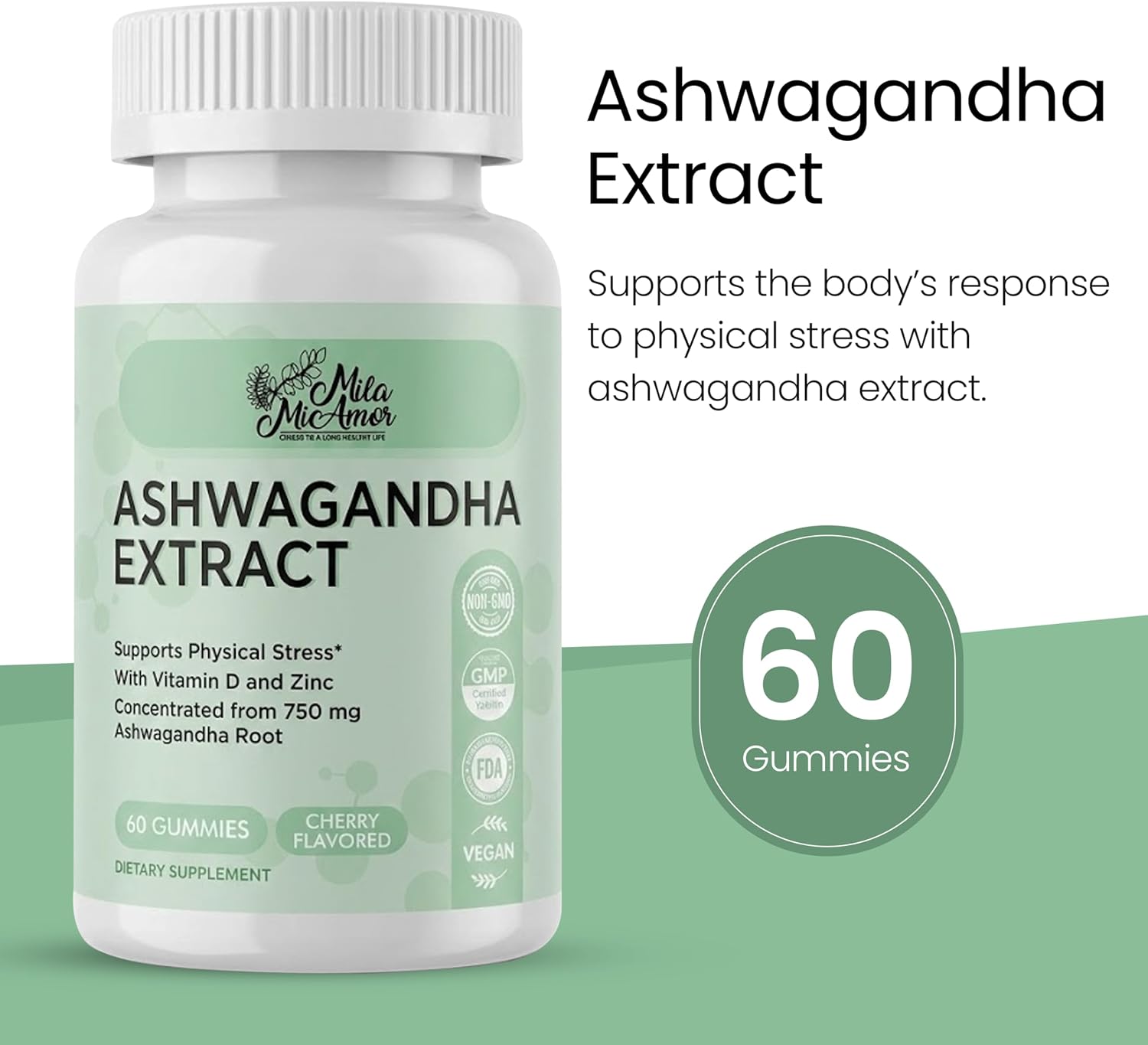 Ashwagandha Gummies 750mg with Vitamin D and Zinc - Daily Wellness Formula - Cherry Flavor, Vegan, Non-GMO - 60 Gummies