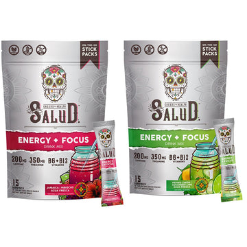 Salud 2-Pack |2-in-1 Energy + Focus (Hibiscus) & Energy + Focus (Cucumber Lime) – 15 Servings Each, Agua Fresca Drink Mix, Non-GMO, Gluten Free, Vegan, Low Calorie, 1g of Sugar