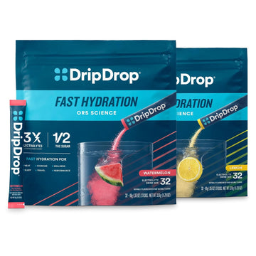 DripDrop Hydration Watermelon & Lemon Bundle, Electrolyte Packets, 64 Count | Lemon, Watermelon; 3X Electrolytes; Potassium, Magnesium, Zinc, Vitamin C; Single Serve; Daily Use, Workouts, Travel