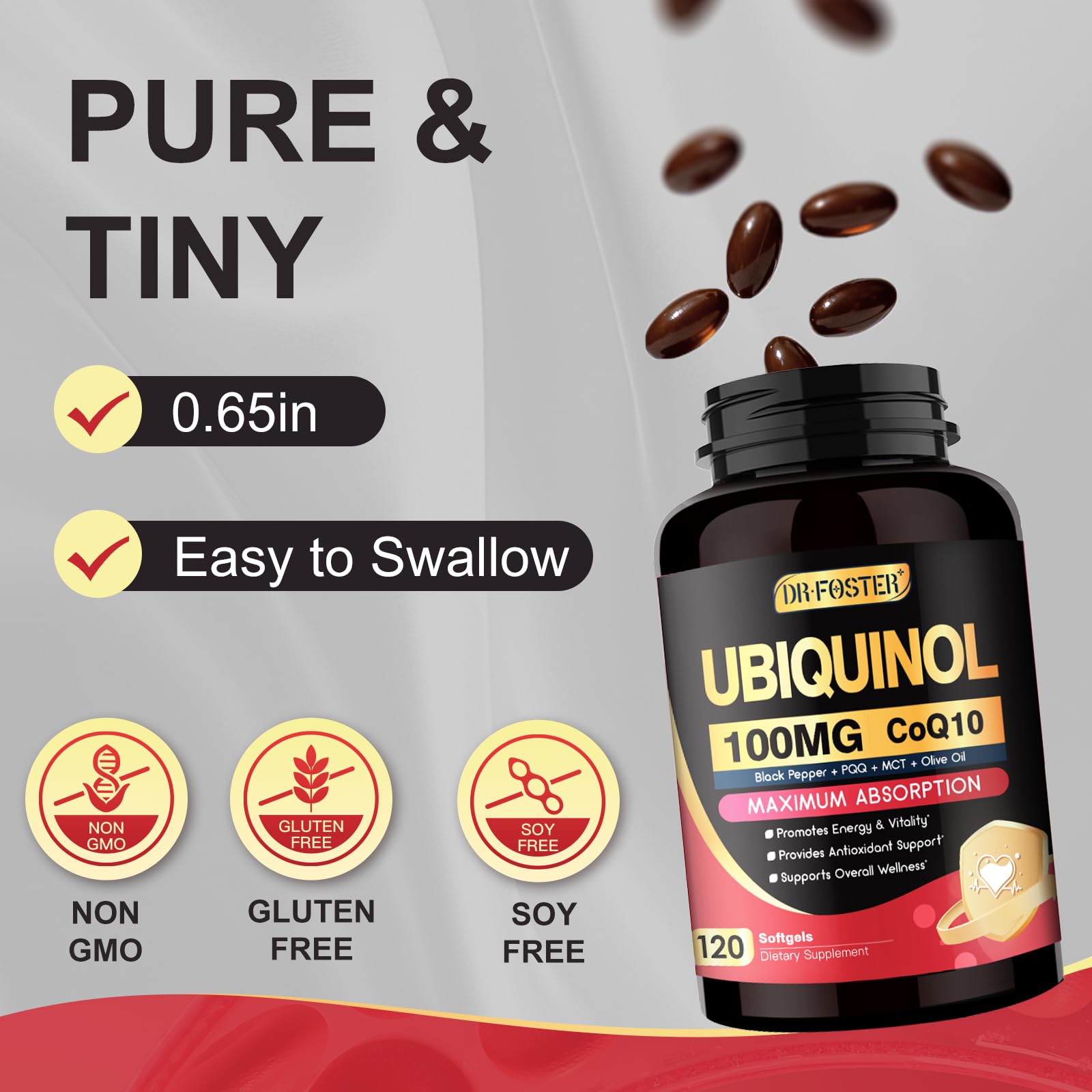 DRFOSTER CoQ10 100mg Ubiquinol - Coenzyme Q10 Co Q 10 Supplement Cq10 with PQQ & Vitamin E & Black Pepper - 120 Count