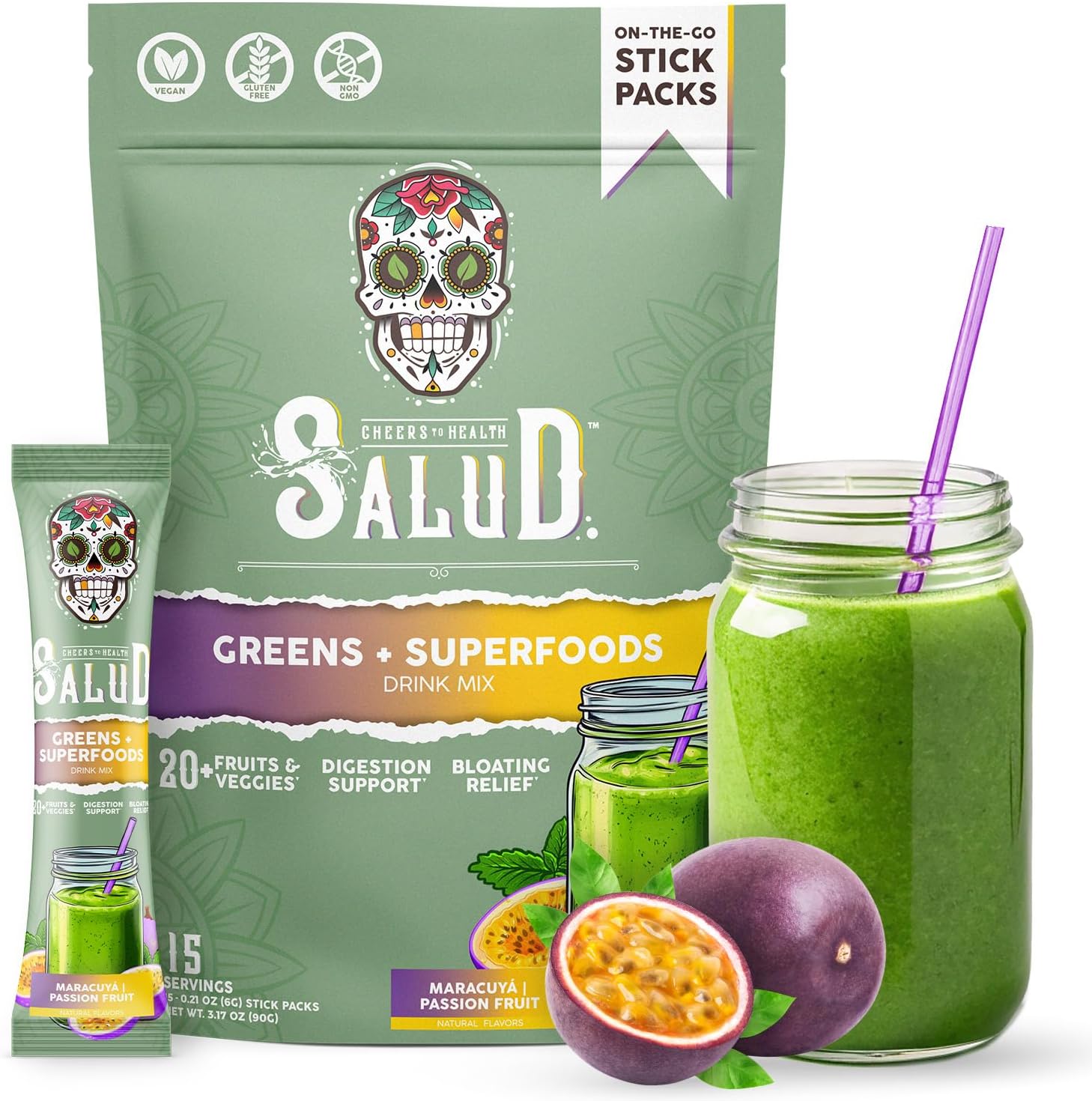 Salud 2-in-1 Greens Powder + Superfood Drink Mix, Passion Fruit | 20+ Fruits and Veggies, Probiotics, Prebiotics, Supports Digestive Health, Bloating Relief, Vegan (15 Servings)