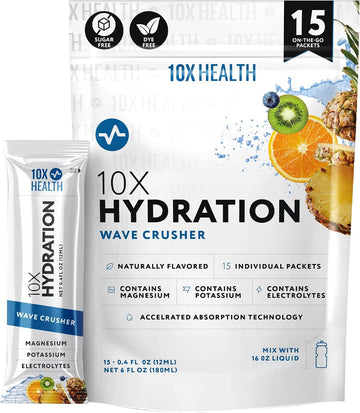 10X Health Electrolyte Drink Mix - Wave Crusher, 15 Sticks | Hydration Packets: Sodium, Magnesium & Potassium Citrate, Wave Crusher, 15 Sticks