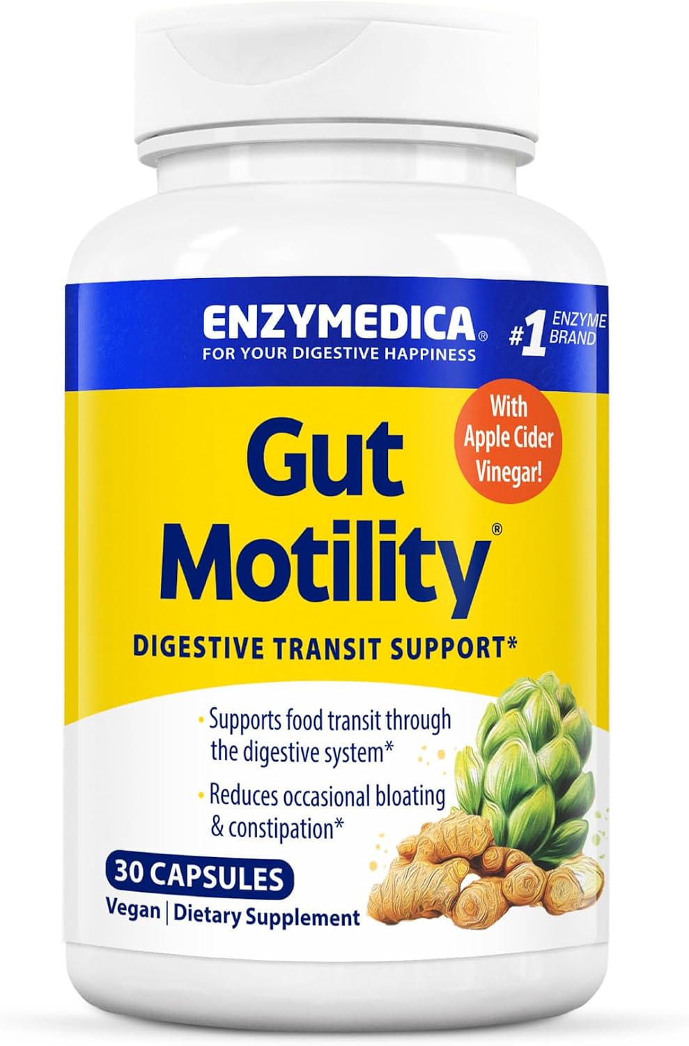 Enzymedica Gut Motility with Apple Cider Vinegar, Artichoke, 30 Caps | Supports digestive movement with ginger and botanical extracts