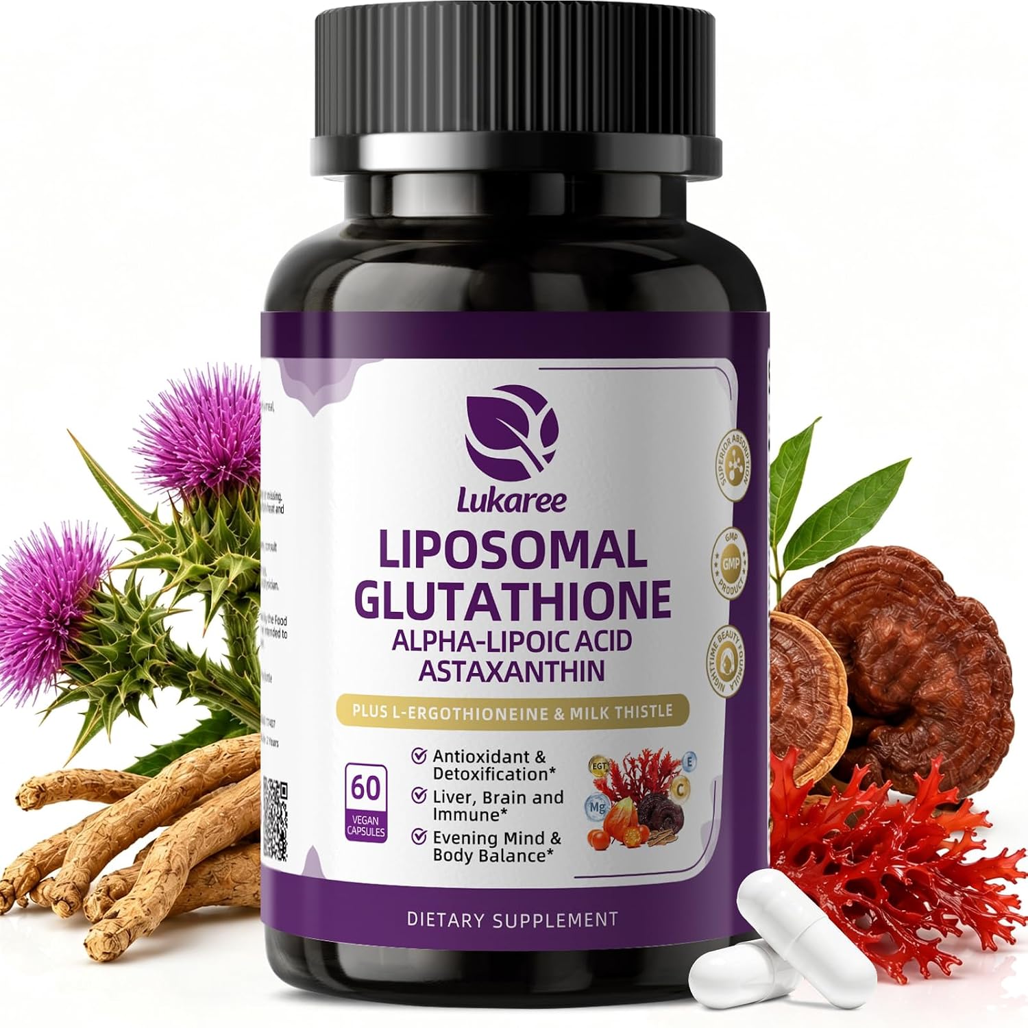 Liposomal Glutathione 1158mg with Astaxanthin for Skin Health 60 Vegan CT | 15-in-1 with Milk Thistle, Alpha Lipoic Acid, Antioxidant Complex for Nighttime Skin Radiance, Cellular Health & Liver Detox