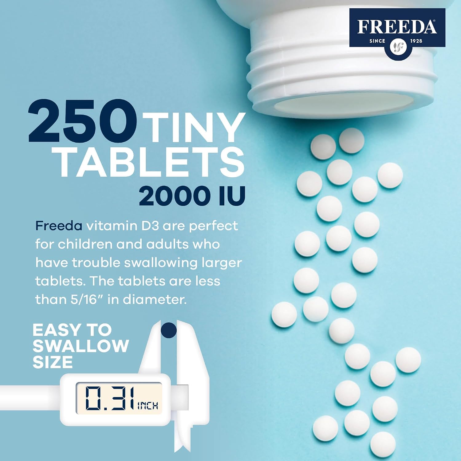 FREEDA Pure Vitamin D3 2000 IU Supplement – 250 Tiny Tablets | Moderate Strength Vitamin D3 Supplement - 50 mcg (2,000 IU) Supporting Bone, Joint, Muscle, and Immune Health for Women & Men