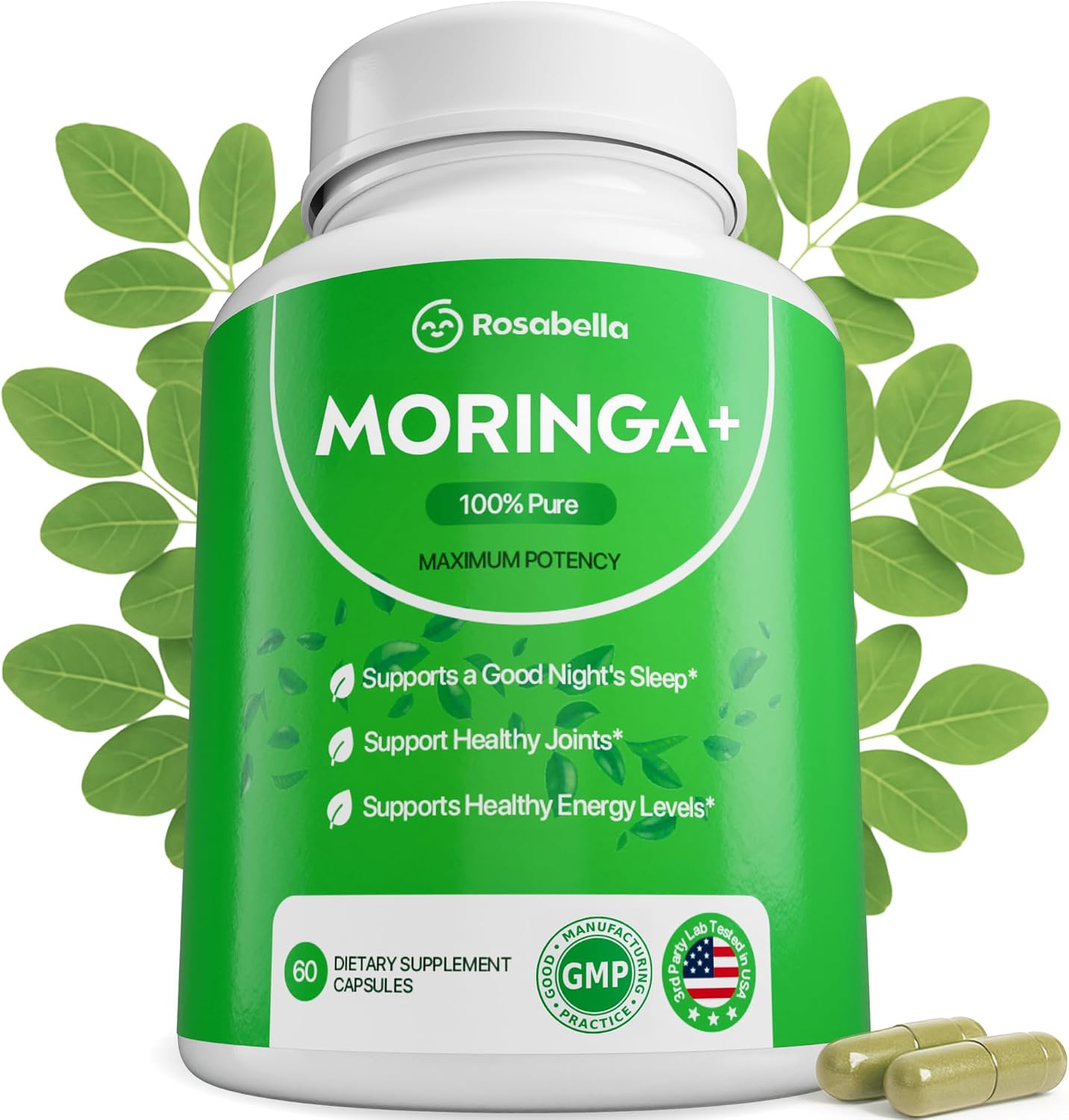 Rosabella Moringa+ Capsules - Pure Moringa Powder, Energy, Skin, Immune & Gut Health Superfood, Rich in Antioxidants, Essential Vitamins & Amino Acids, Natural Green Superfood Supplement - 60 Count