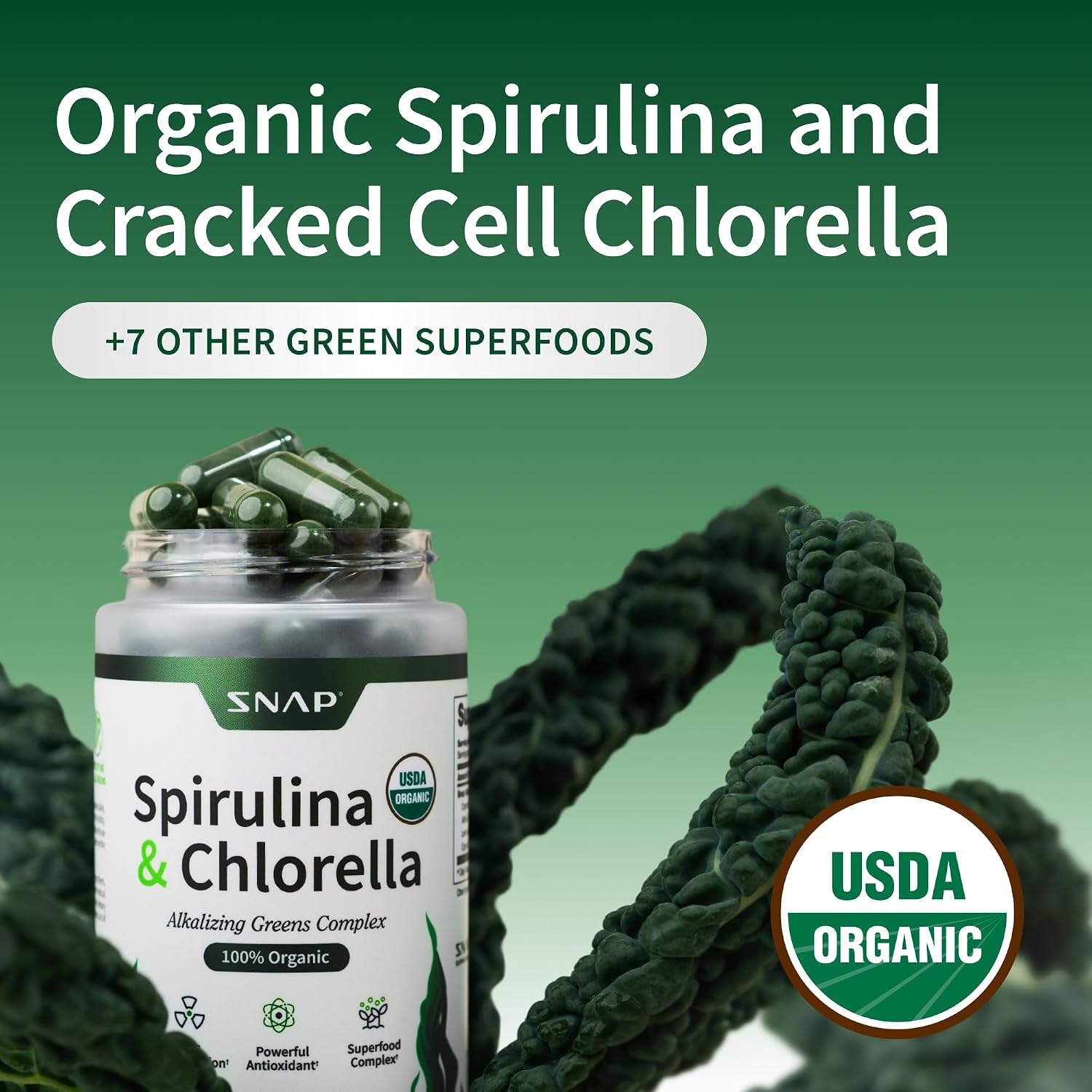 Snap Supplements USDA Organic Spirulina and Chlorella, 120 Vegan Capsules | Certified Organic Protein Rich Blue Green Algae Superfood Supplement for Energy and Immune Support, Non-GMO 30 Day-Supply