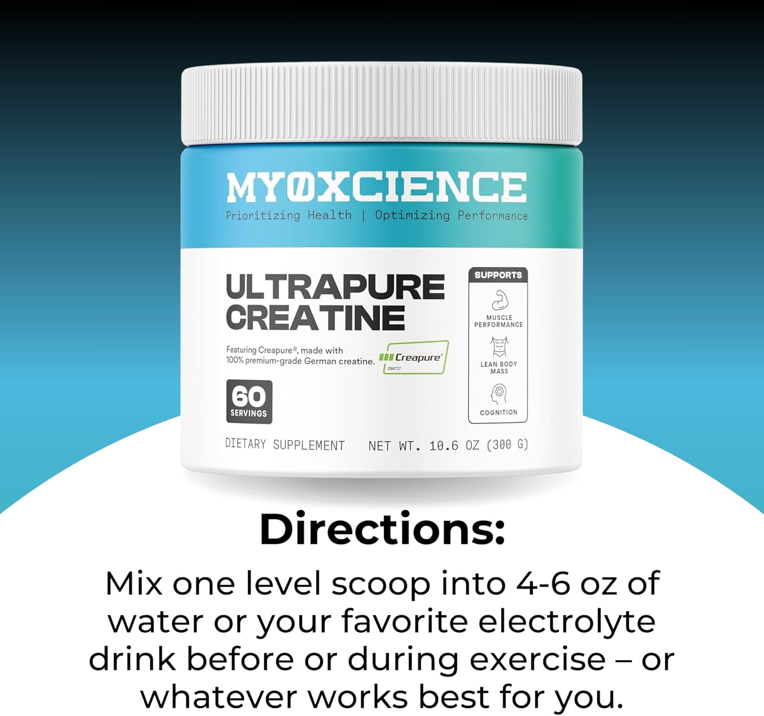 MYOXCIENCE Creapure® Creatine Monohydrate | Supports Strength & Muscle Mass, Cognition and Lean Body Mass | Unflavored (60 Serving Jar)
