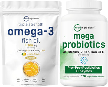Micro Ingredients Omega-3 Fish Oil 4,200mg Softgels & Mega Probiotics 200 Billion CFU Veggie Capsules | 2 Pack Bundle | Wild-Caught, Burpless, Lemon Flavor | 40 Strains + Inulin, Acacia, & Bromelai