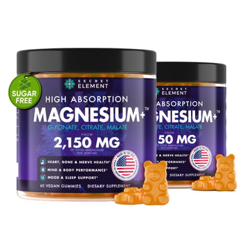 Magnesium Glycinate 2150MG Gummies for Women and Men, High Absorption Magnesium Glycinate, Citrate, Malate, Sugar Free, Vegan, 60 Chews, Pack of 2, Orange Secret ElementBuy Supplements Australia
