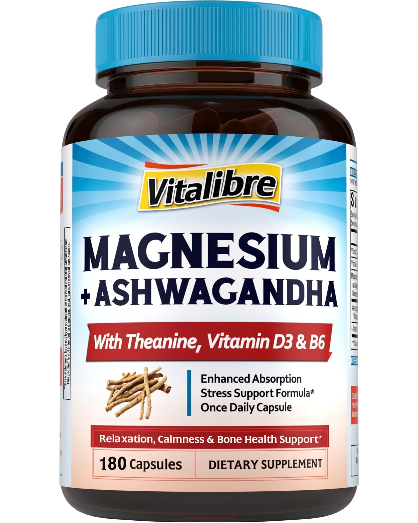 Vitalibre Magnesium Complex with Ashwagandha, L-Theanine & Vitamin D3, B6 | Stress Relief, Bone & Relaxation Support - w/ Magnesium Glycinate, Citrate, Malate, Taurate - Non-GMO, 90 Capsules