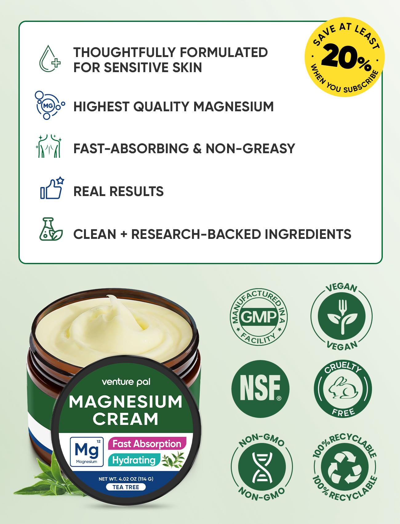 Venture Pal Topical Magnesium Cream, Highly Concentrated Magnesium Lotion | Fast-Absorbing Magnesium Moisturizing Cream with Coconut Oil, Shea Butter & Hyaluronic Acid; Suitable for Kids