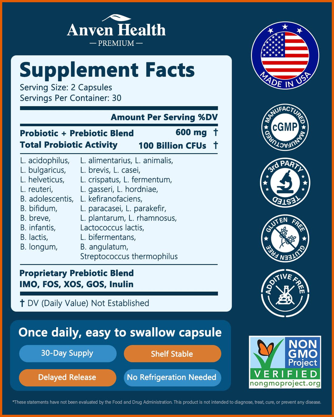 Anven Health 100 Billion Probiotics for Men and Women 27 Strains 5 Organic Prebiotics for Gut Digestive & Immune Health, Supports Diarrhea Gas Bloating,