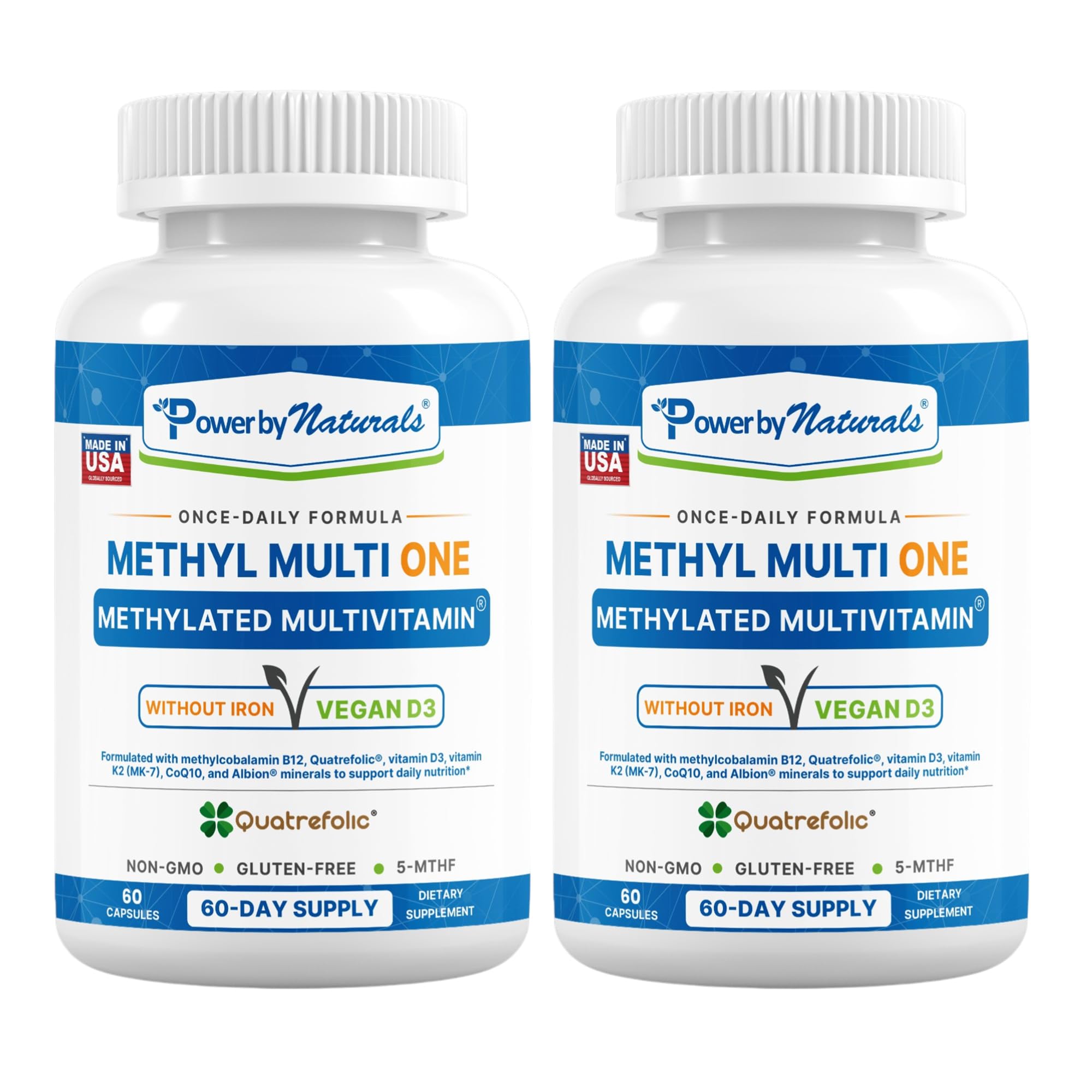 Power By Naturals Methyl Multi One – Iron-Free Methylated Multivitamin with 5-MTHF, Methyl B12 & CoQ10 – Methylation Support for Men & Women – Vegan, Non-GMO – 60 Capsules (2-Month Supply) | With 5-MTHF, Methyl B12 & CoQ10 - Methylation Daily Support for