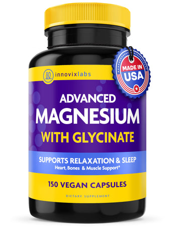 Supplement bottle labeled 'Advanced Magnesium with Glycinate' by InnovixLabs on a white background.