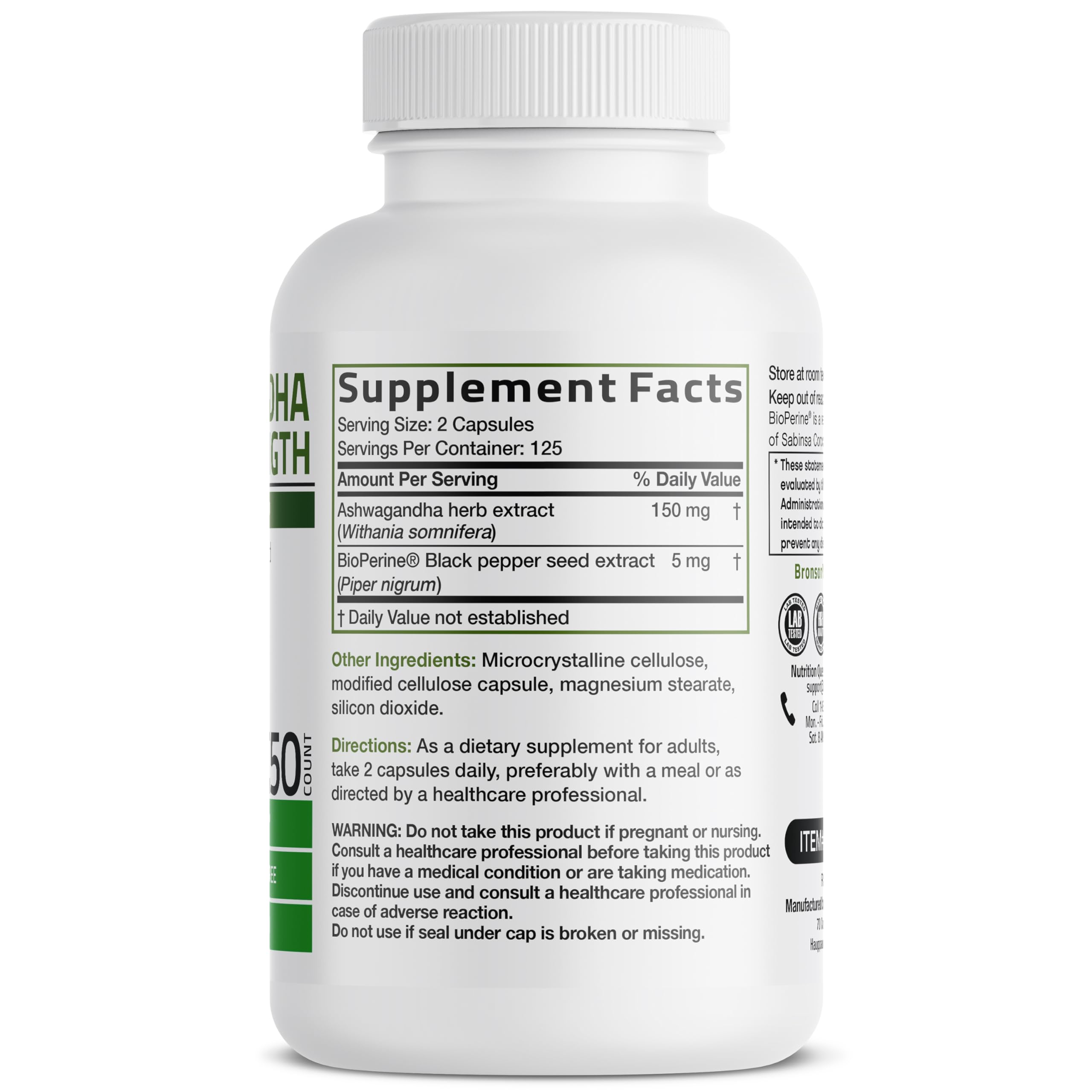 Bronson Ashwagandha Extra Strength Stress & Mood Support with BioPerine - Non GMO Formula, 120 Vegetarian Capsules