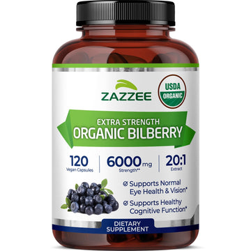 Zazzee USDA Organic Bilberry 20:1 Extract, 120 Vegan Capsules, 4 Month Supply, Vaccinium Myrtillus, Eye Health, Vision & Antioxidant Support, All-Natural, Non-GMO, Made in the USA