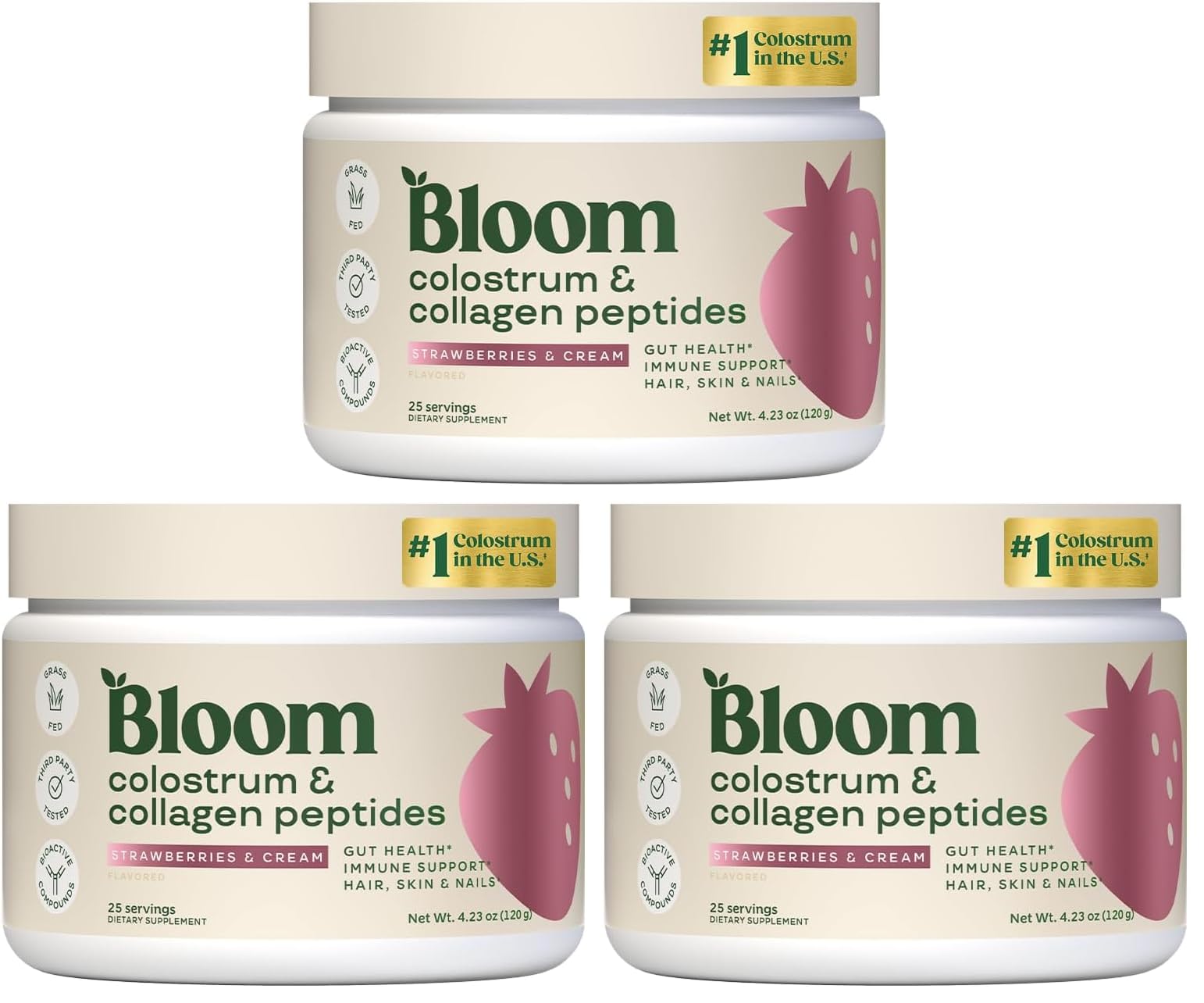 Bloom Nutrition Bovine Colostrum Powder, Strawberries & Cream, 25 Servings | Gut Health, Immune Support, Hair Growth & Beauty Supplement, Gluten Free, Sugar Free