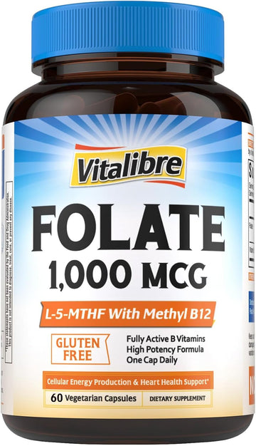 Vitalibre Methyl Folate 1000 mcg, L-5-MTHF with Methylcobalamin B12, Heart & Blood Health, Healthy Nervous System, Energy Support, Vegan, Bioactive Form, Best Absorption, 60 Capsules