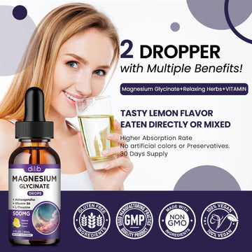 Magnesium Glycinate Supplement, Magnesium Liquid Drops with Magnesium Glycinate 500mg Vitamin B6, Ashwagandha, L - Theanine, Chamomile