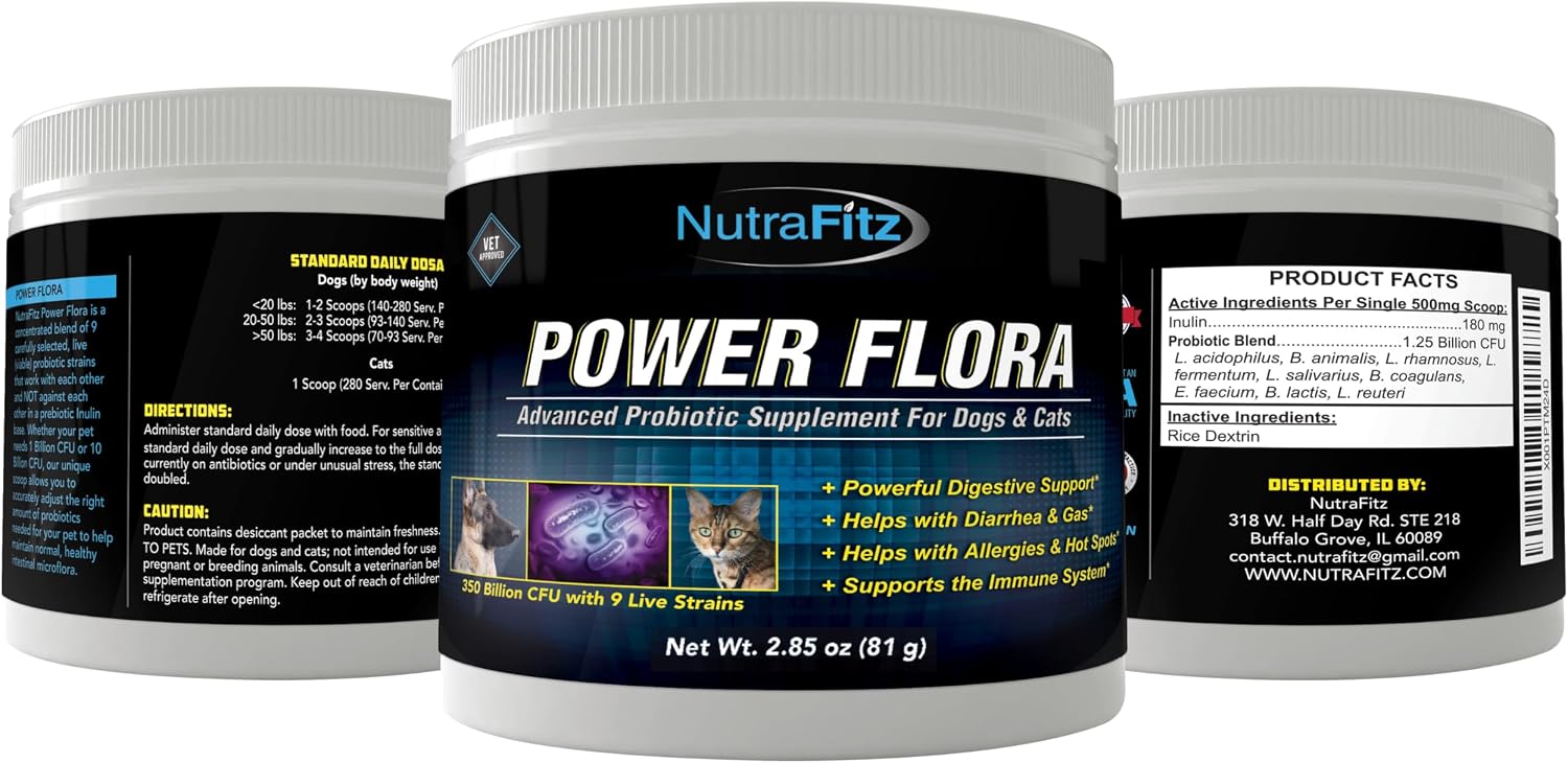 Power Flora - Probiotics for Dogs and Cats with 9 Live Strains - Dog Probiotics Improves Dog Breath, UTI, Diarrhea, Constipation, Skin Allergy, Hot Spots - Odorless Powder - 350 Billion CFU/jar