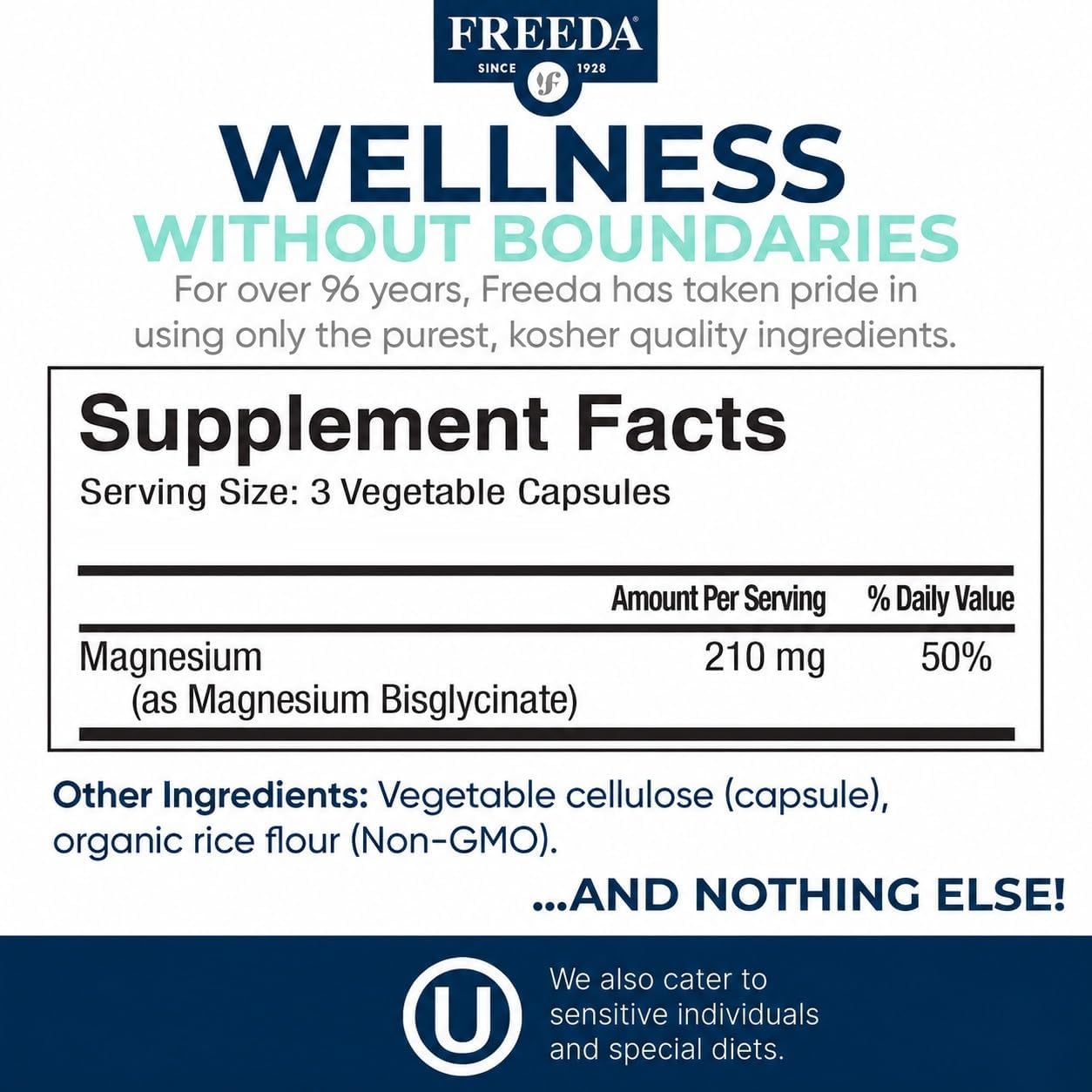 Freeda Magnesium Glycinate - High Absorption Chelated Magnesium - 90 Caps | Supports Sleep, Muscle & Nerve Function - Non-GMO, Vegan, Kosher - Gentle On Digestion - No Magnesium Oxide