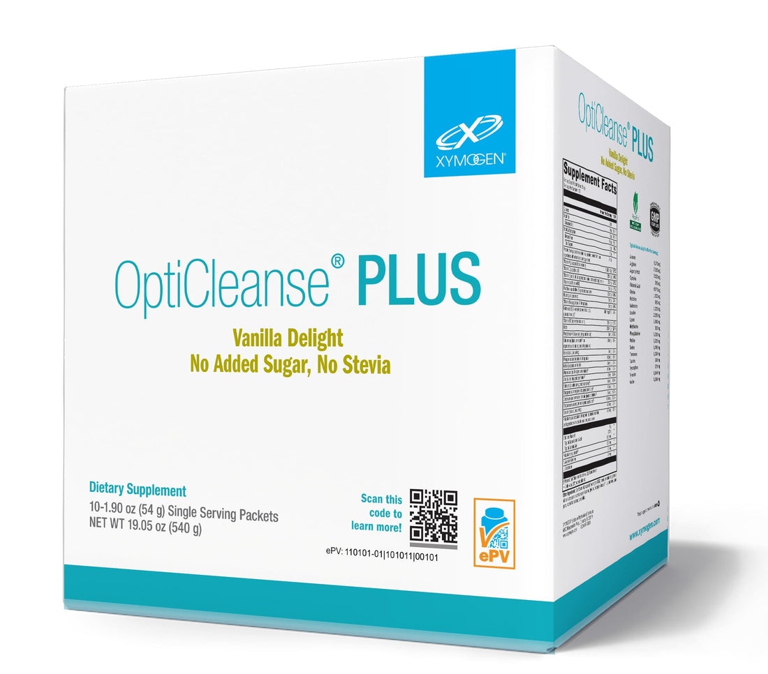 Box of OptiCleanse PLUS dietary supplement with Xymogen logo on a white background