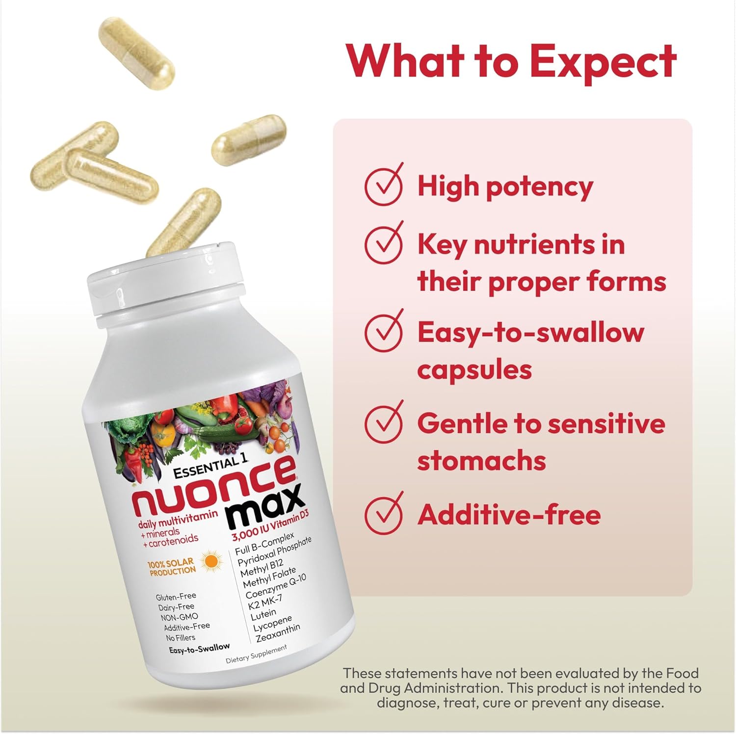 ANDREW LESSMAN Essential-1 nuonce max Multivitamin 3000 IU Vitamin D3 60 Small Capsules. 100 mcg Methyl B12. CoQ10 Lutein Lycopene Zeaxanthin. High Potency. No Additives. Ultra-Mild One Daily Capsule | Complete Daily Multivitamin & Mineral Formula with Es