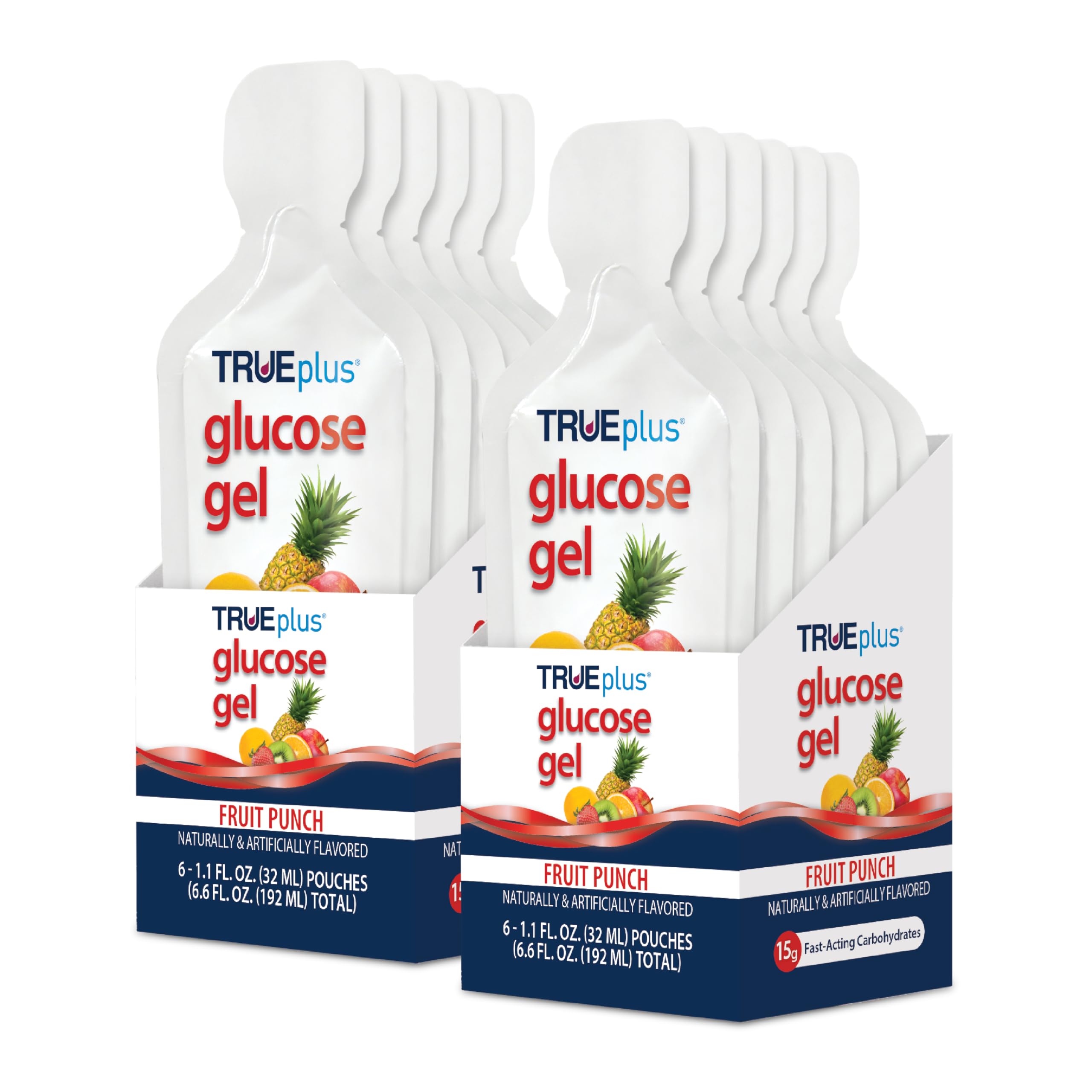 TRUEplus Glucose Gel Pouch, 15g Carbohydrates, Fruit Punch Flavor, 6 Pack | 15g Fast-Acting Carbohydrates Per Serving, Fat Free, Gluten Free, Boosts Energy, Great Tasting and Easy to Use