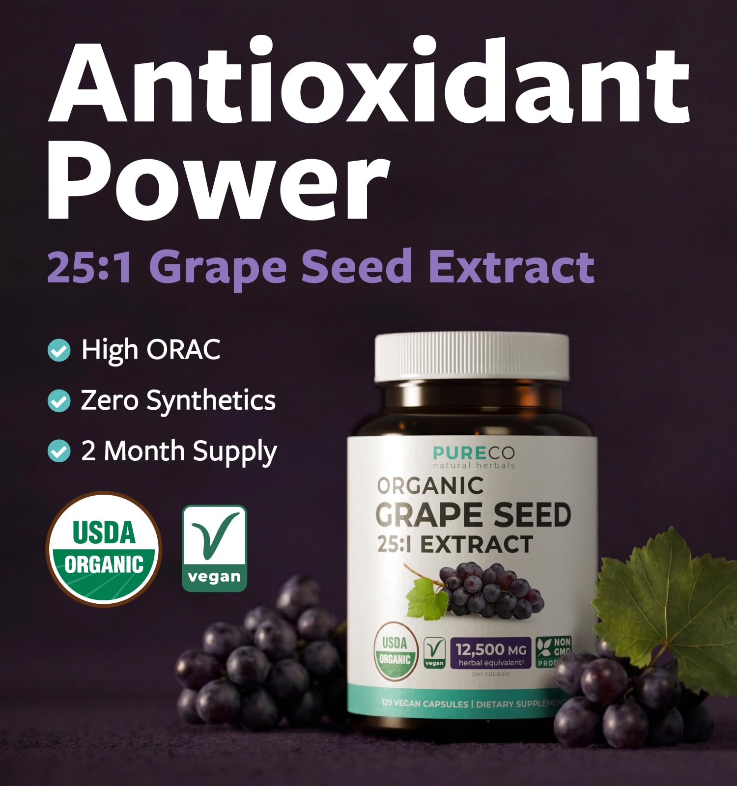 PURE CO USDA Organic Grape Seed Extract - High Potency 25:1 Grapeseed Supplement with 12,500mg Herbal Equivalent Strength - Antioxidant Support - Vegan & Non-GMO (4 Month Supply)