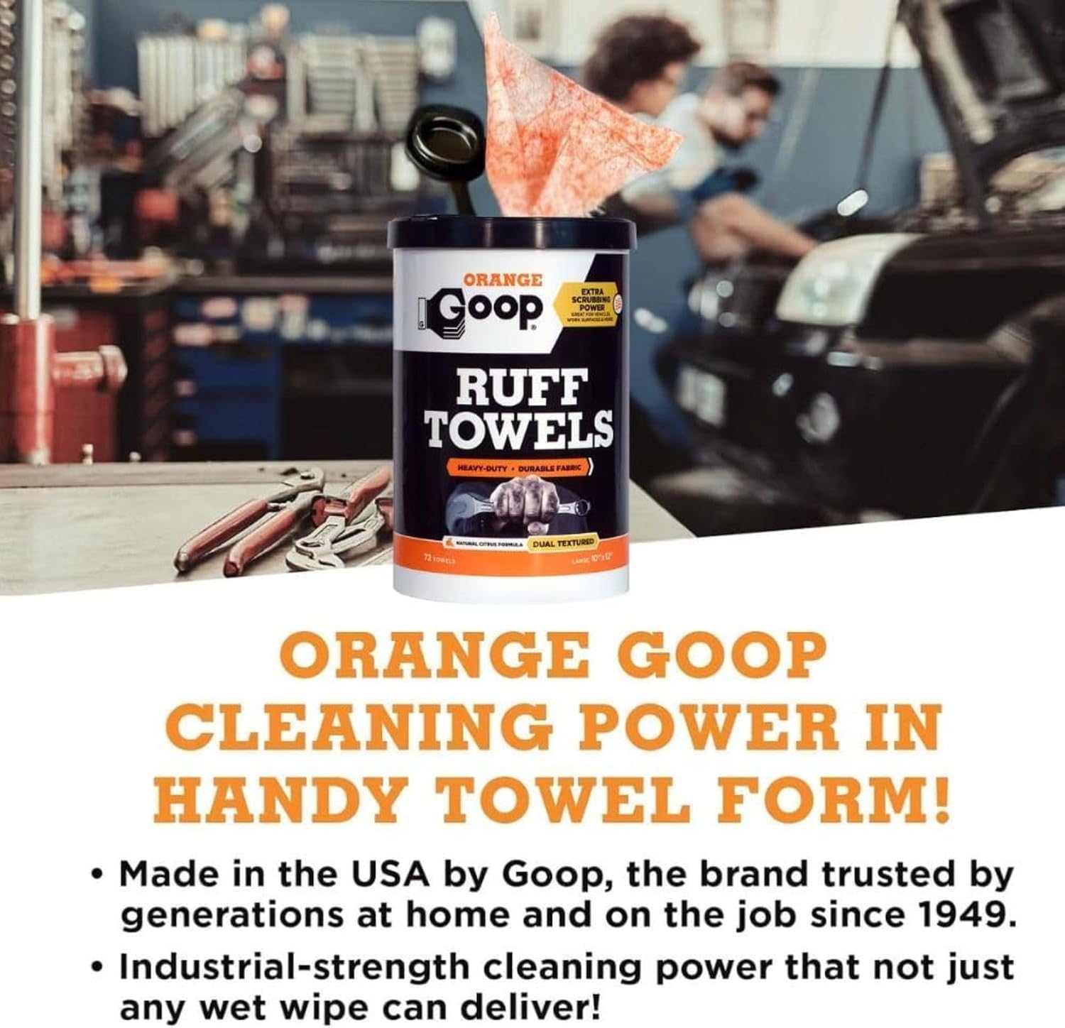 GOOP Orange Heavy Duty Ruff Towels with Scrubbing Power, 10” x 12” Dual Textured Multi-Purpose Cleaning Wipes, Removes Dirt, Grease, Oil, 72 Count
